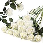 Hawesome 12PCS Artificial Silk Flowers Realistic Roses Bouquet Long Stem for Home Wedding Decoration Party (White -2)