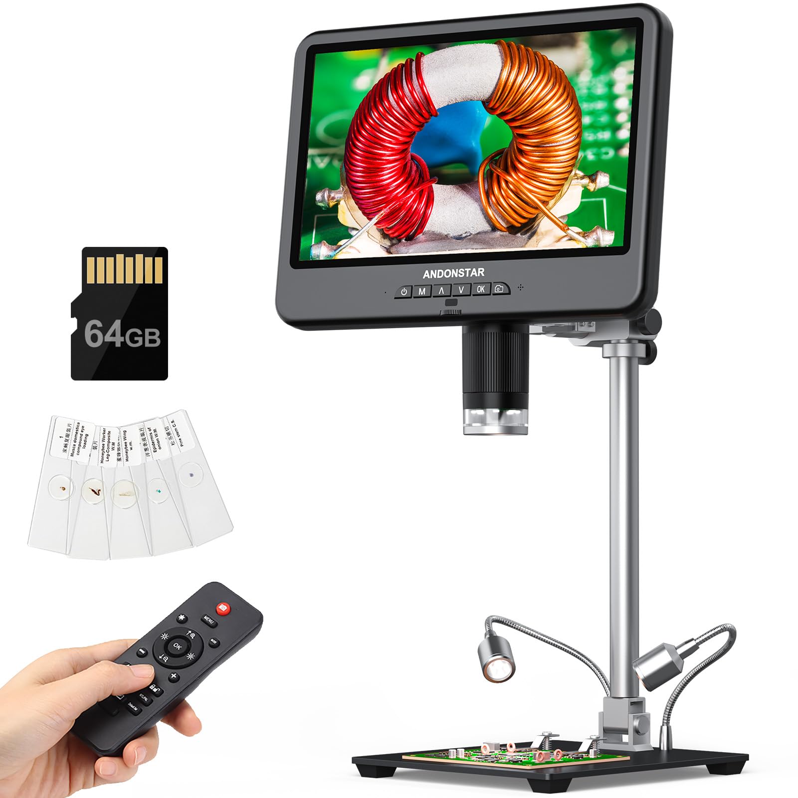 Andonstar 4K 30FPS Digital Microscope with 10.1" Screen, 3840P UHD Video Audio, Pro Boom Arm Stand for Soldering, Electronics Repair, Coin, AD208S-Pro