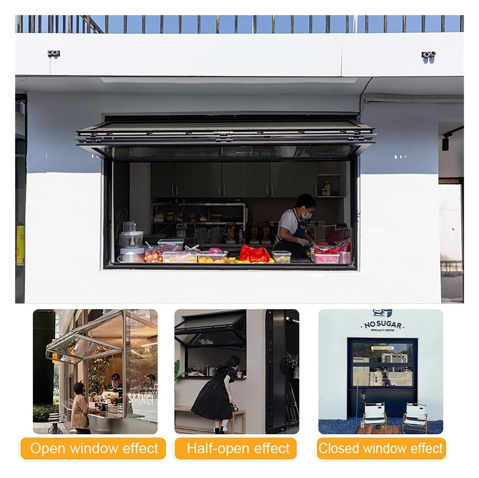 Składane okno do serwowania ze szkłem i zamkiem, pionowa przesuwna podwójna zawieszona aluminiowa rama do wózka spożywczego i stojaka na automaty