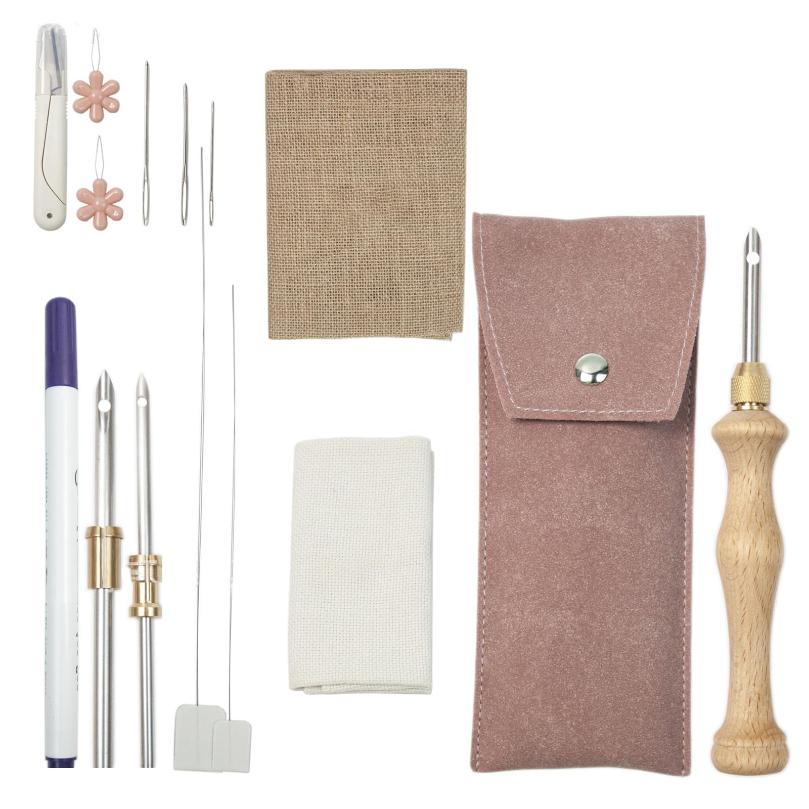 Beginner Punching Needles Embroidery Set with Embroidery Fabric, Punching Needle, Pen Threader, Scissors and Sewing