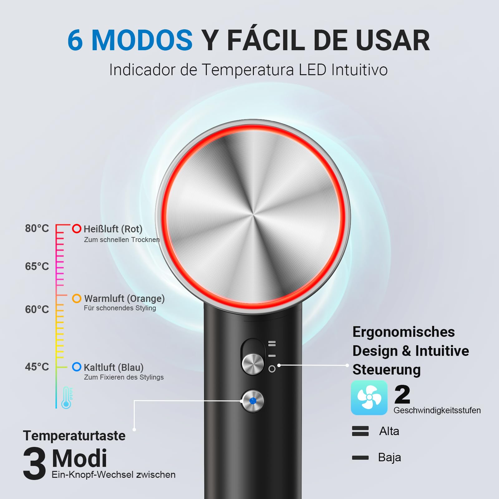 Ionen Haartrockner Föhn, 22m/s, 3 Min Schnell Trocknen, 500M Ionen gegen Frizz, 6 Modi, 3-Farben LED, 1600W, 2 Magnetdüsen(Styling& Diffusor) für Locken&Glätten, Zuhause und Unterwegs, 360g Schwarz