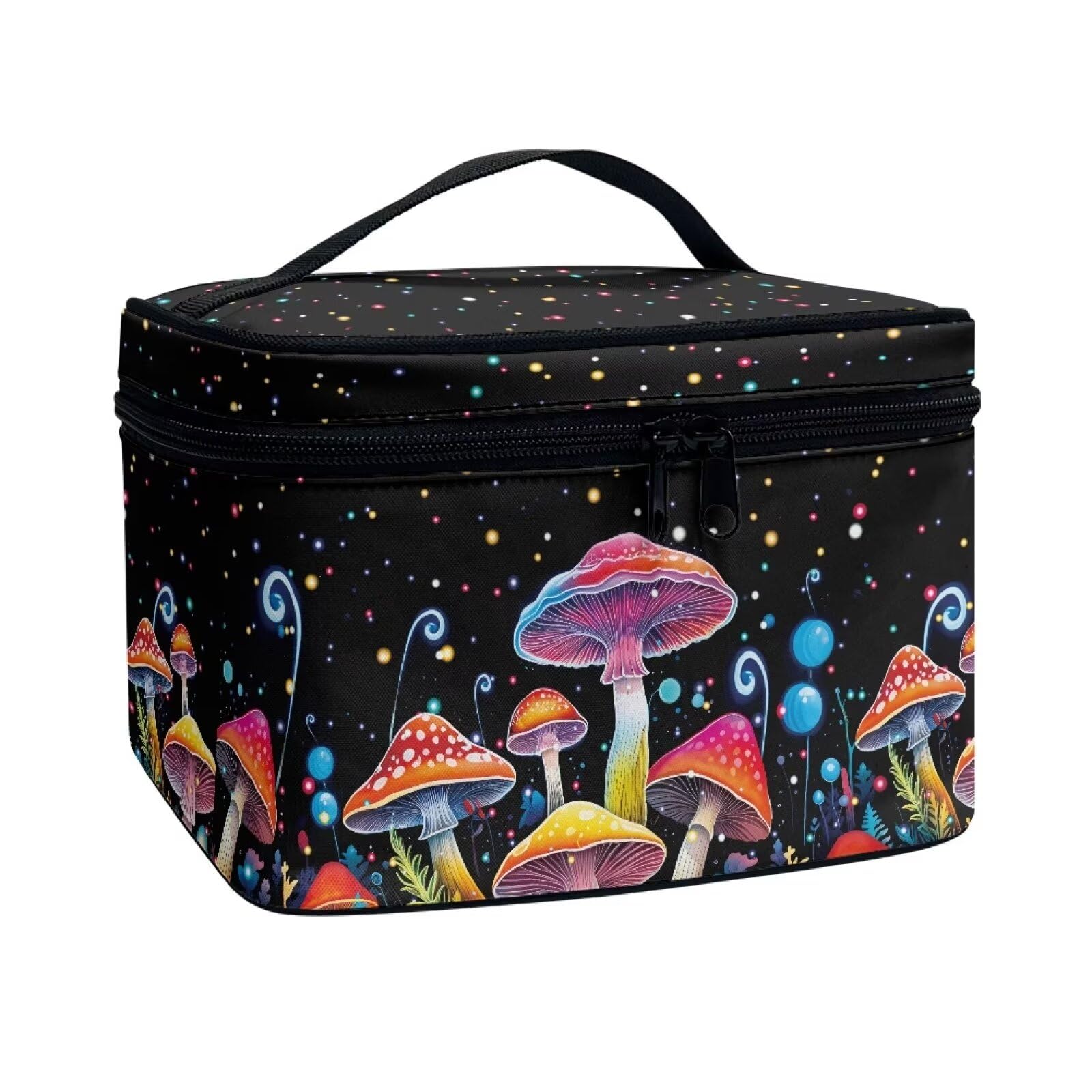 Drydeepin Colorful Mushrooms Pattern Makeup Bag Travel Cosmetic Bag with Zipper and Handle Portable Large Capacity Toiletry Case for Women Ladies
