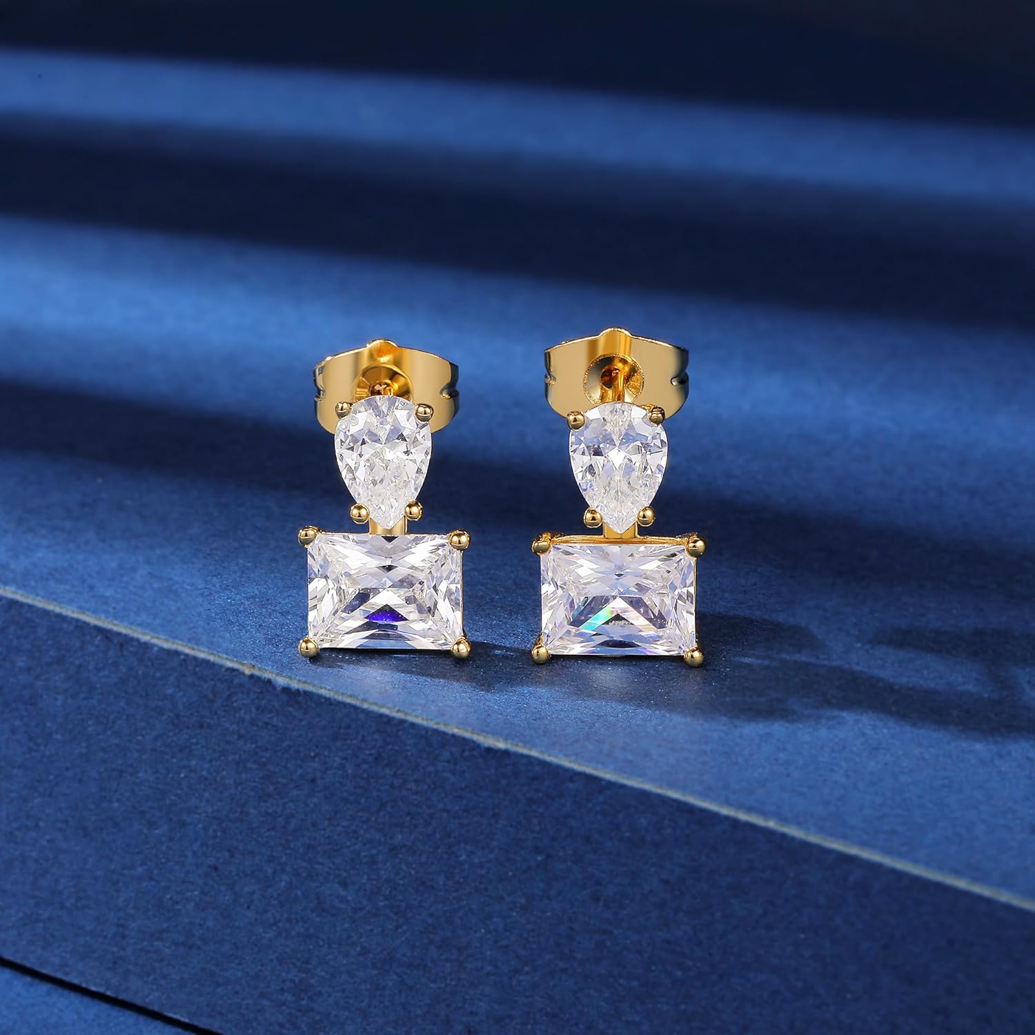 MDFUN 18K Yellow Gold-Plated Cubic Zirconia Stud Earrings for Women – Waterdrop Rectangle CZ Hypoallergenic Earrings - Image 2
