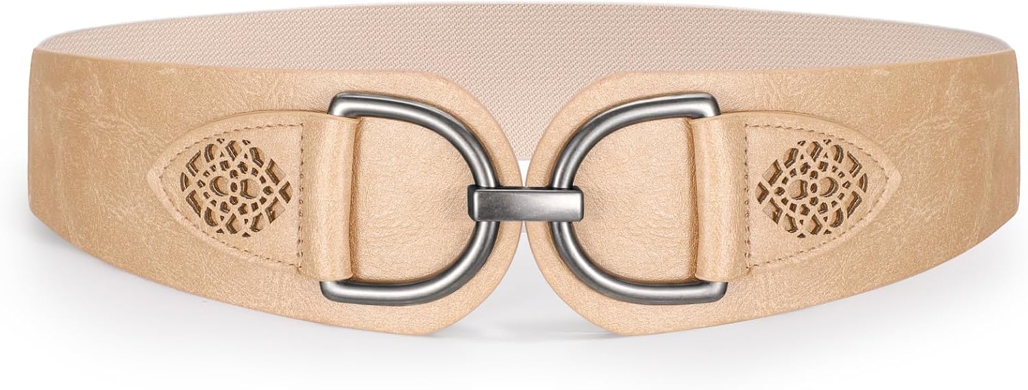 SANSTHS Vintage Women Stretchy Wide Belt Chunky Buckle Elastic Wide Waist Belts for Dresses Coats