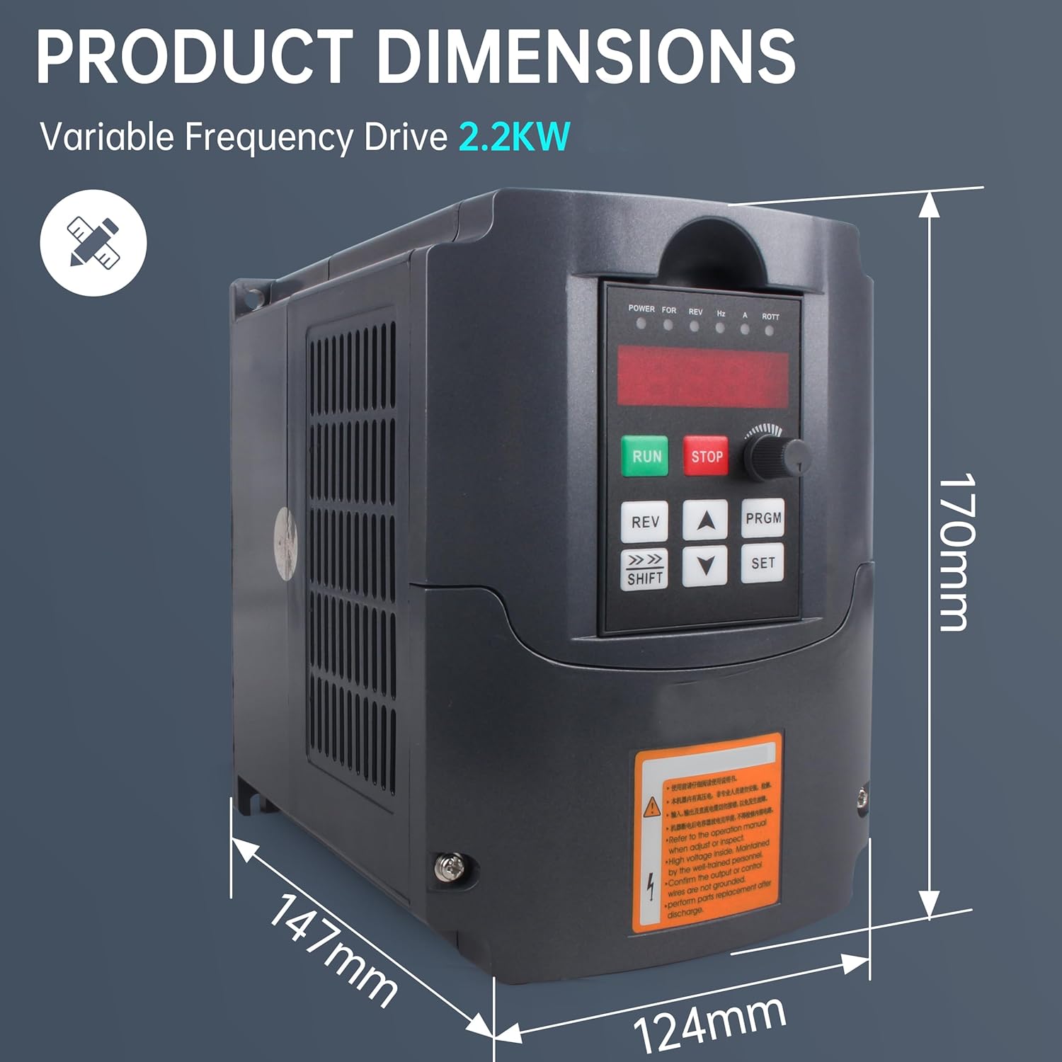 Dimensions of the RATTMMOTOR VFD, showing a height of 170mm, width of 147mm, and depth of 124mm.