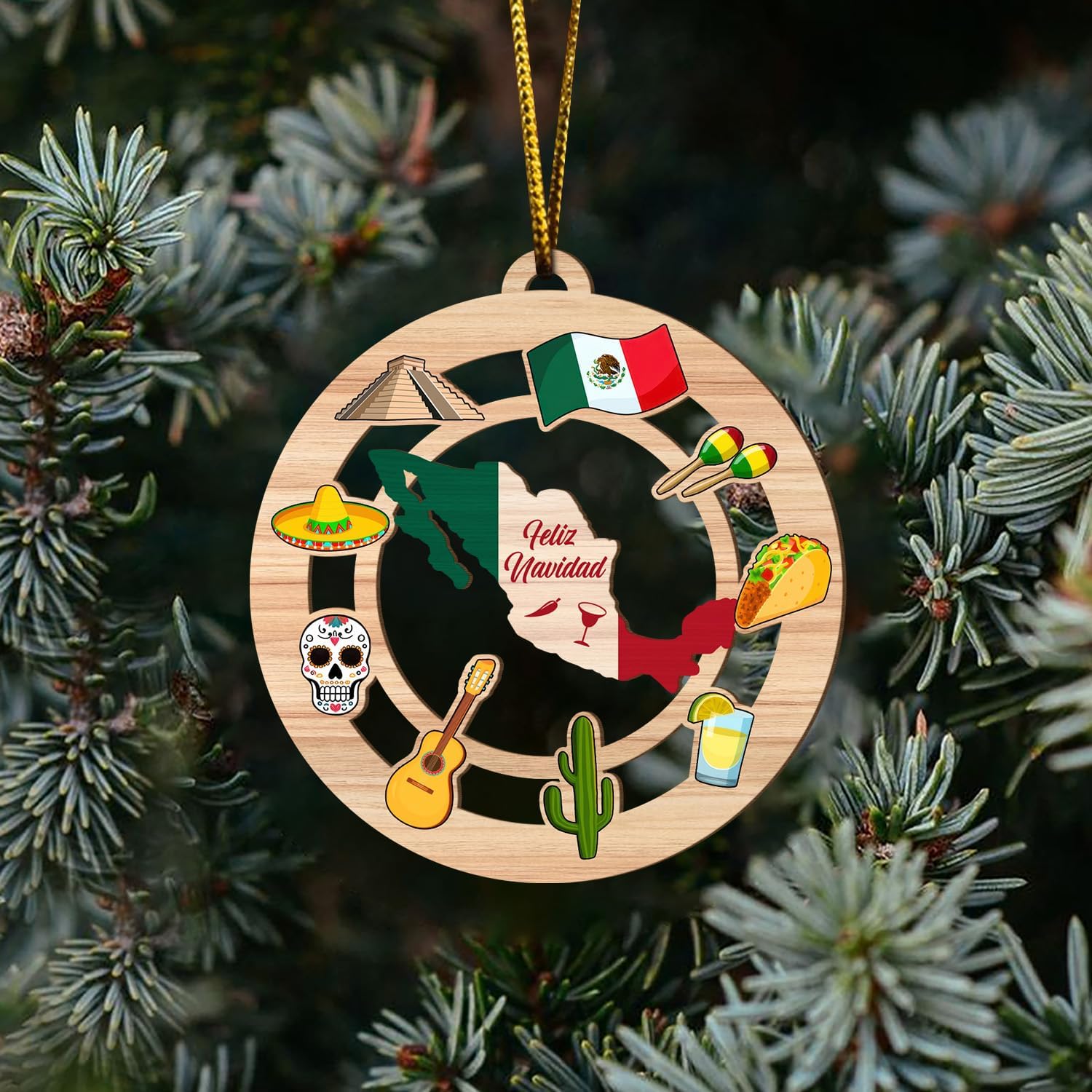 Christmas Decor Mexico Pinata 2D FLAT (NOT 3D) Wooden Ornaments for Christmas Tree Decorations 3.54 inches, Rear Mirror Hanging Car Accessories, Unique Gifts for Mexican Him Men Her Women - Image 5