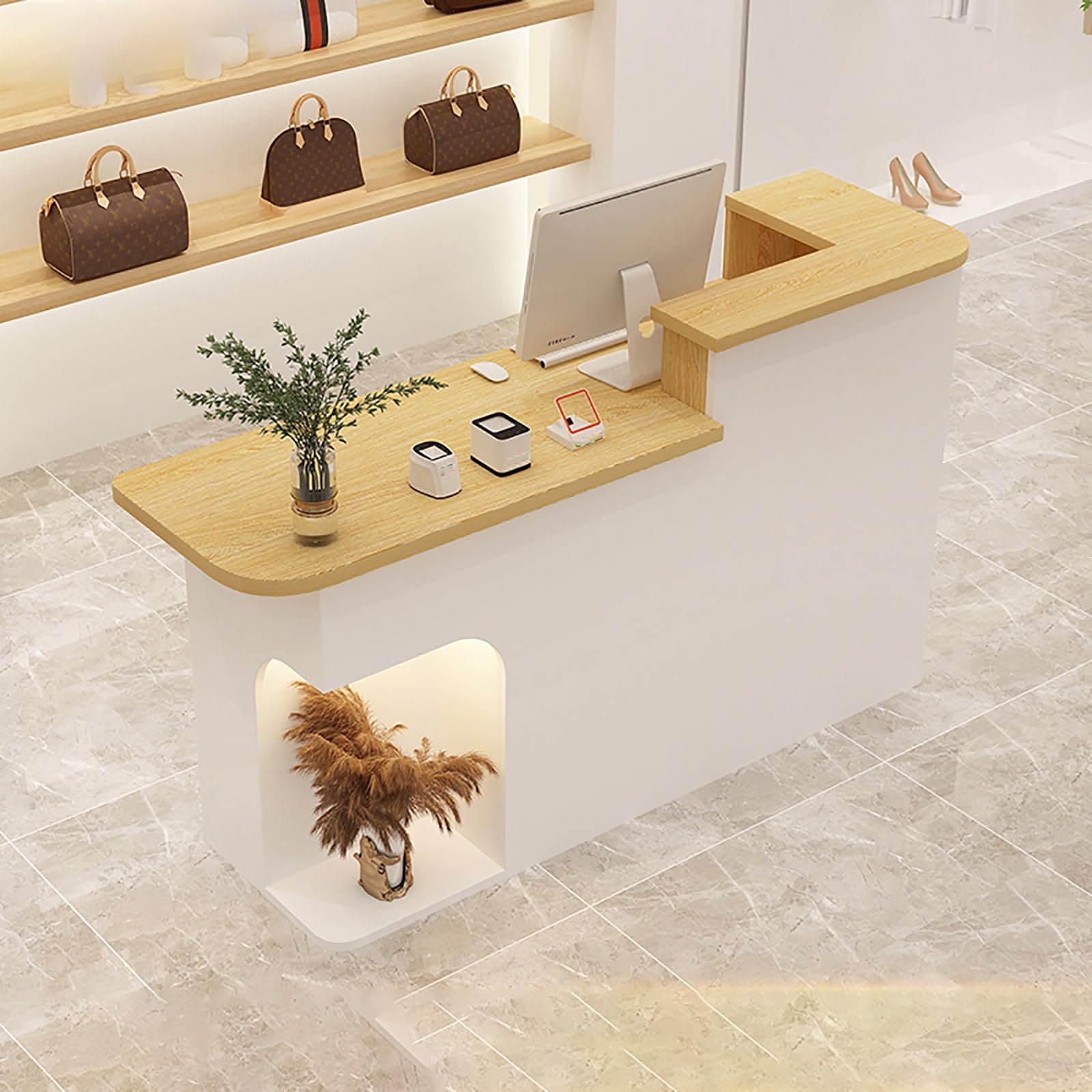 Scrivania per ricevimenti a forma di L con cassetti bloccabili, bancone da bar per consultazioni, ideale per piccoli spazi, uffici, minimarket, soluzione elegante e funzionale per spazi di lavoro
