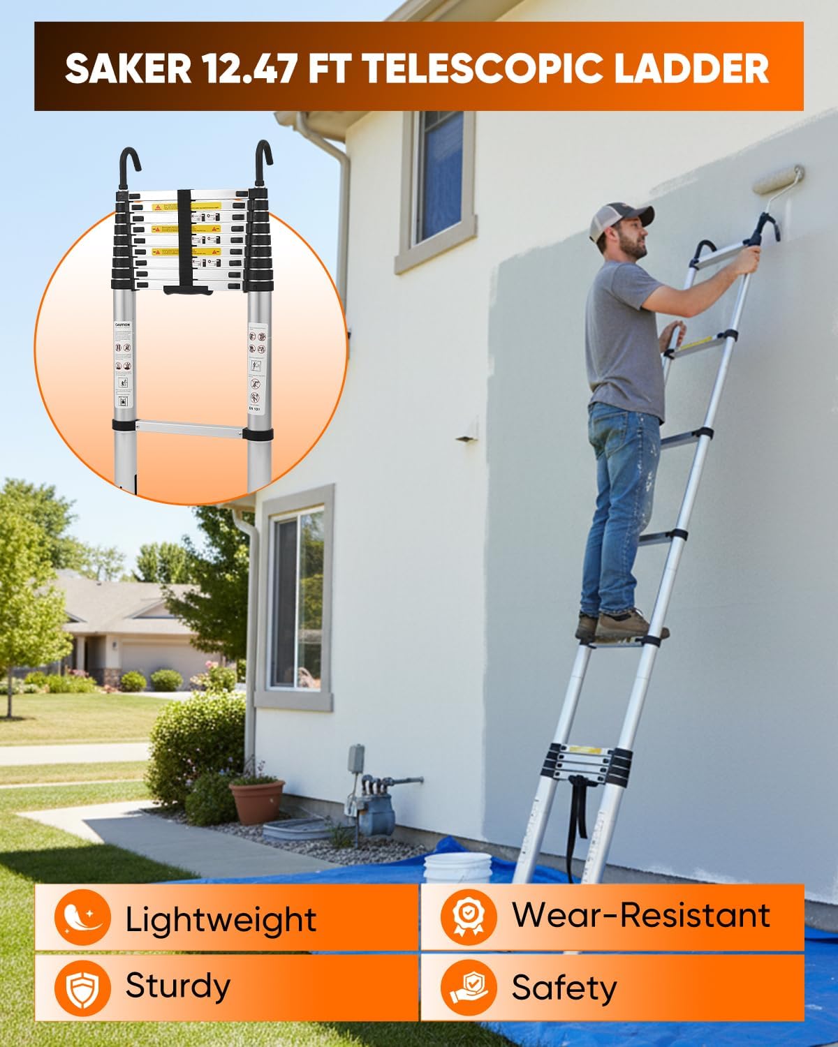 Saker Aluminum Telescoping Extension Ladder, Straight Ladder 12.5FT with Hook and Non-Slip Feet, 330LBS Load Capacity, Portable Multi-Purpose Ladder for Home and Work