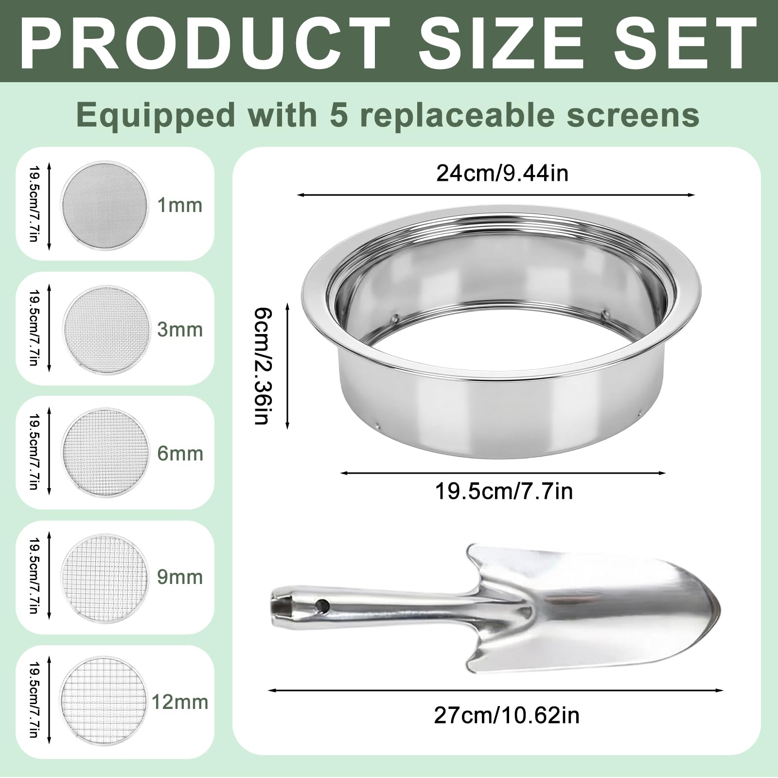 5 in 1 Setaccio da Giardino Ø 1,3,6,9,12mm Setaccio Sabbiain Acciaio Inox + 1 Vanga a Mano per Terra, Pietre, Compost, Erbacce, Sabbia