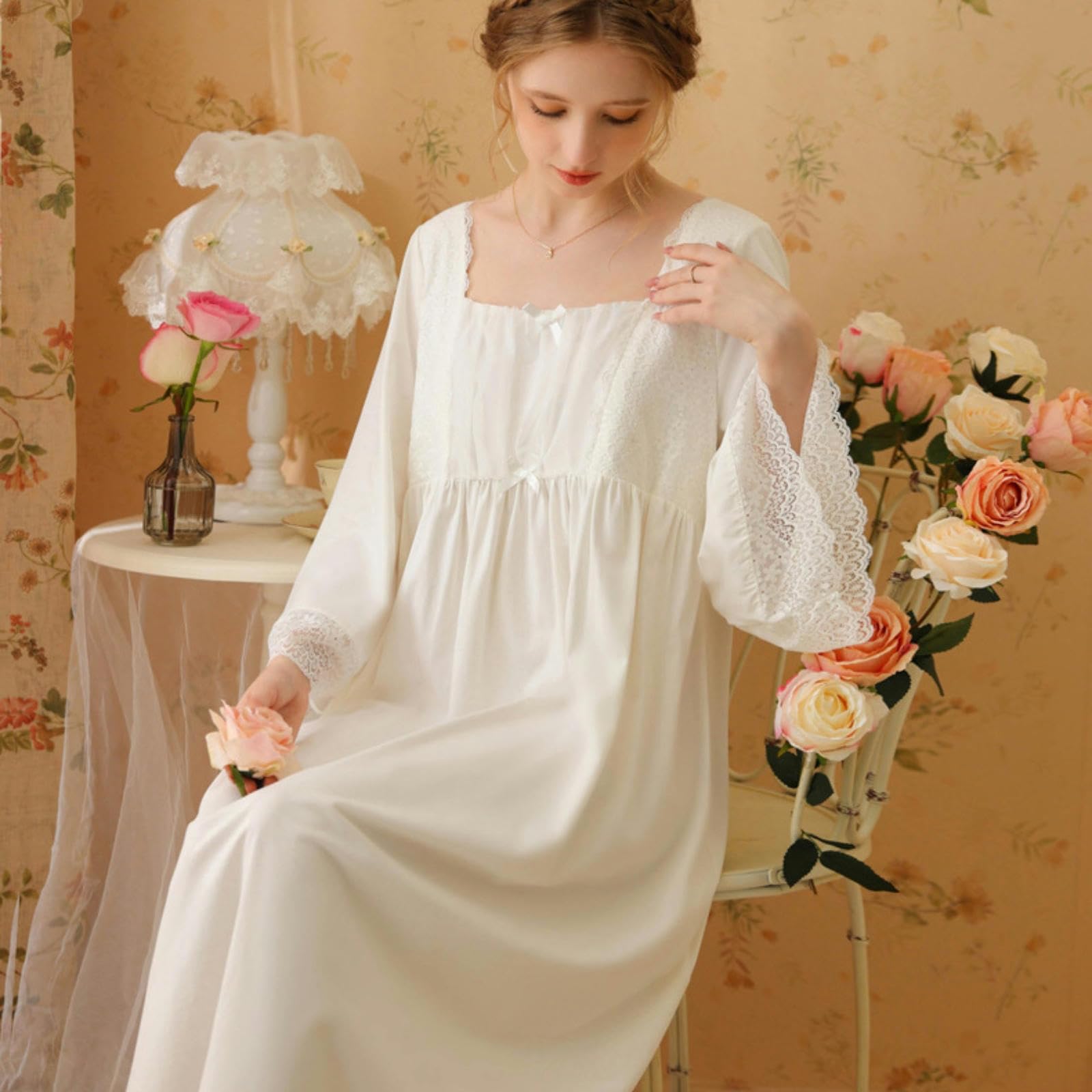 Camicia da Notte Donna Princess Nightdress Women Women Spring And Autumn Long Lace Sweet Girl Cotton Long Dress Lomme-Bianco-XL
