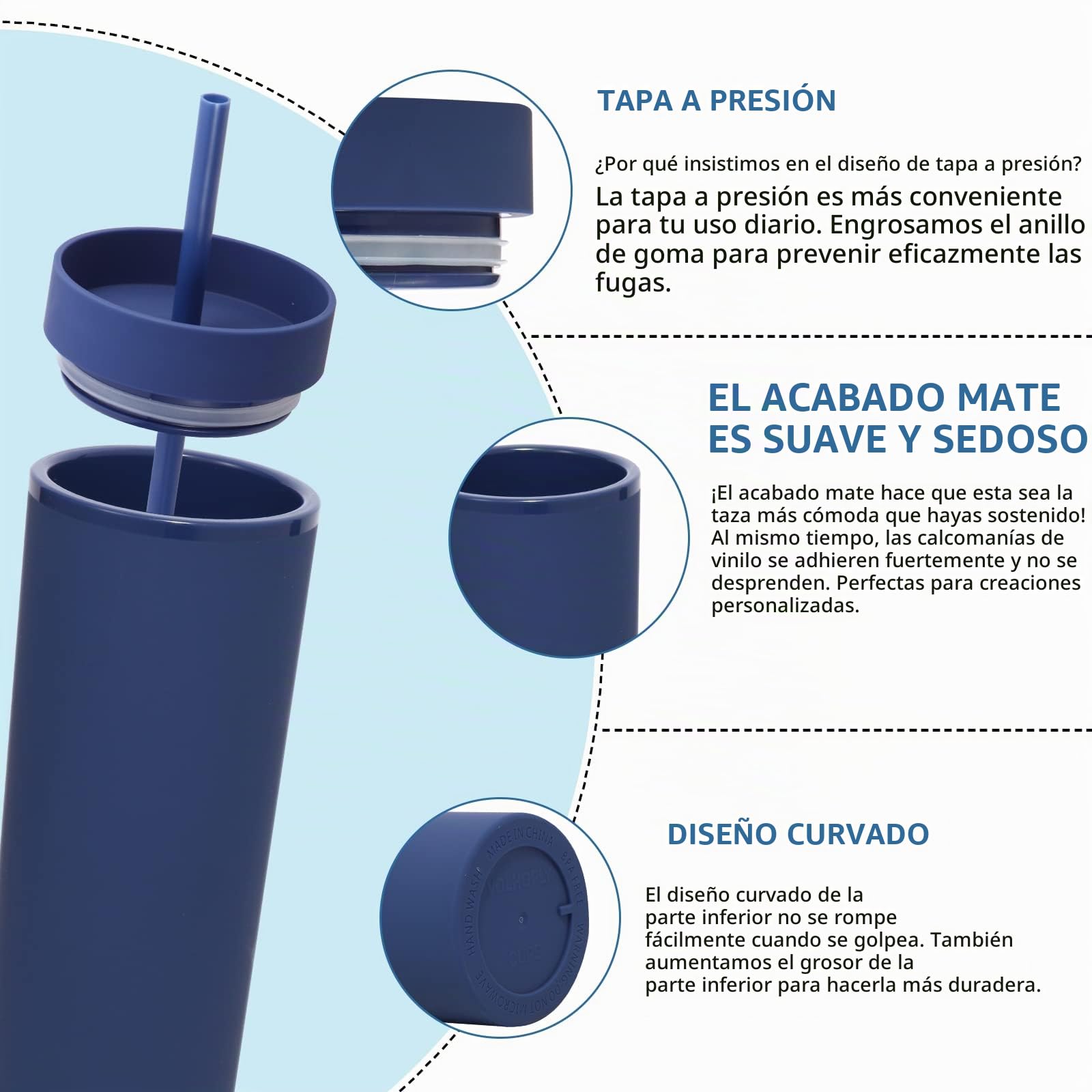 Volhoply 600ml Vasos de Plástico 10 Pack,Vaso de Doble Pared con Tapa y Pajita,Taza de Café Helado de Viaje Reutilizable,Tumbler de Agua de Acrílico Mate Sin BPA para Fiestas,Regalos (Marino,10 Set)