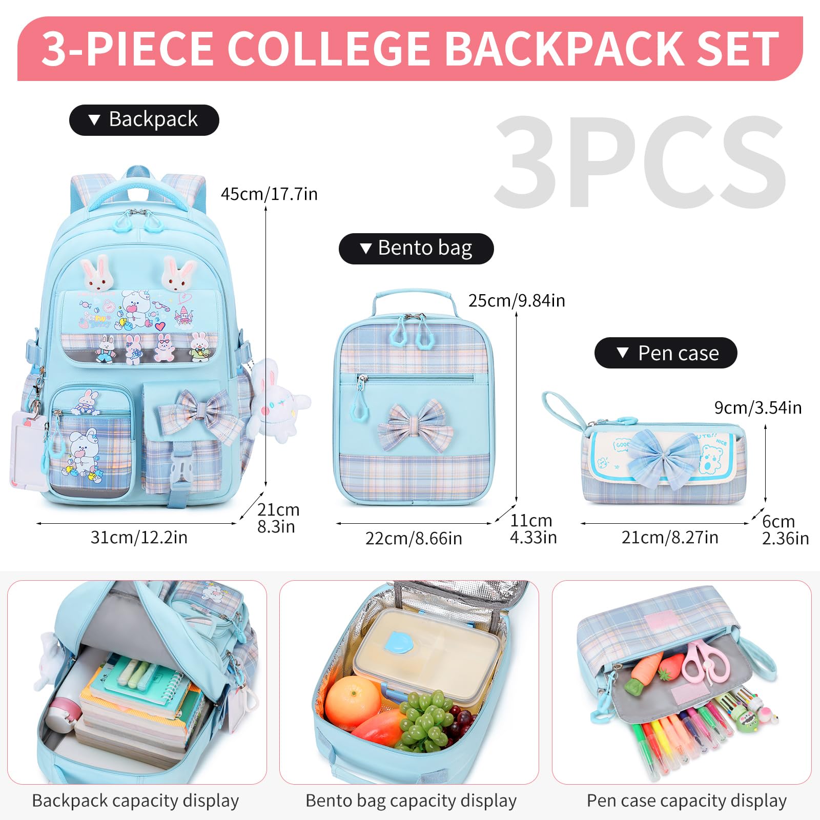 CYOQX Girls Backpack 3pcs School Back pack with Lunch Box Teen Girl Backpack Set Cute Kids School Bag Bookbag for Teen Girls(Blue)