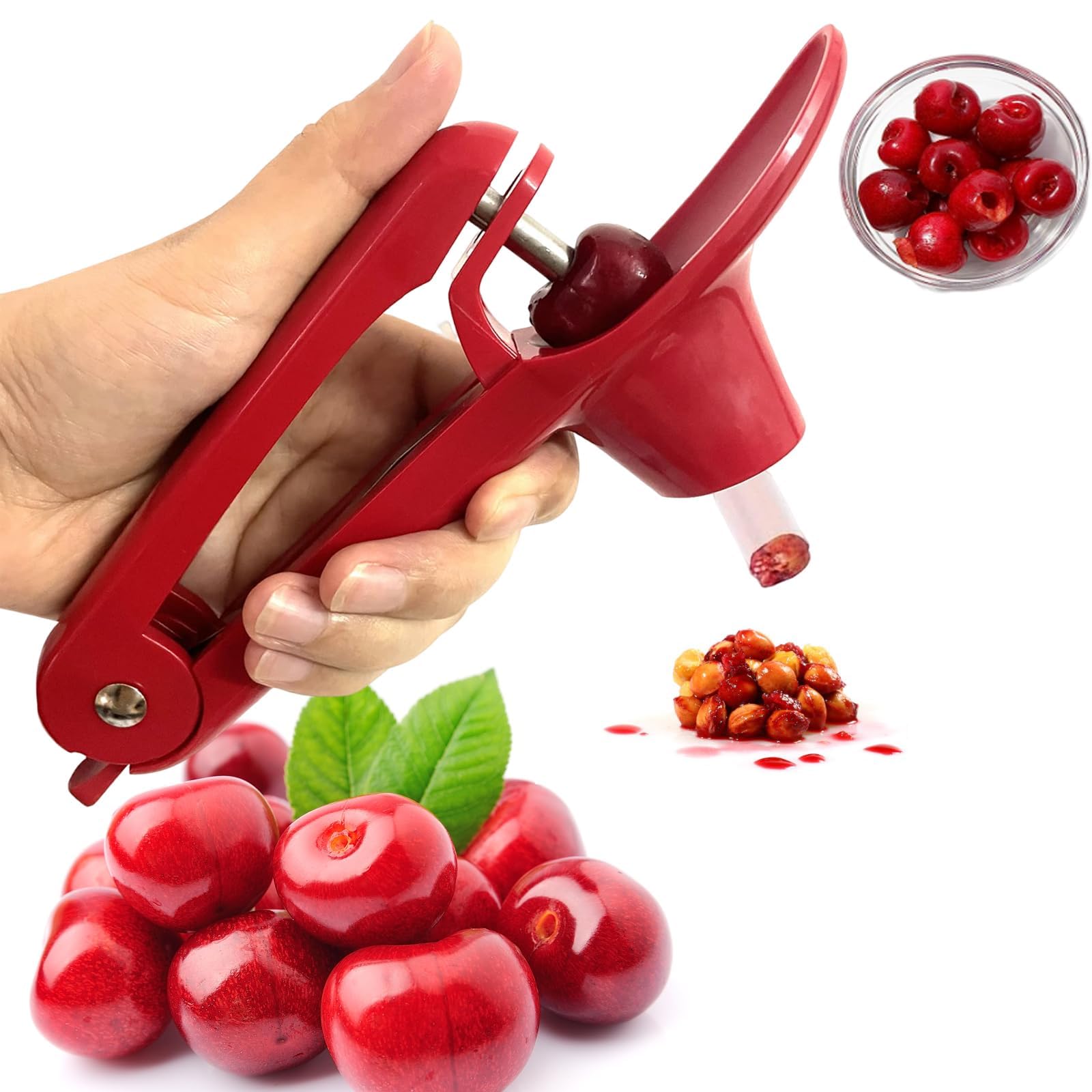 Cherry Pitter, Cherry Stoner Remover with Stainless Steel Rod, Olive Pitter Tool, Friut Pip Remover/Dates pitting Device Fruit Tool (Red)