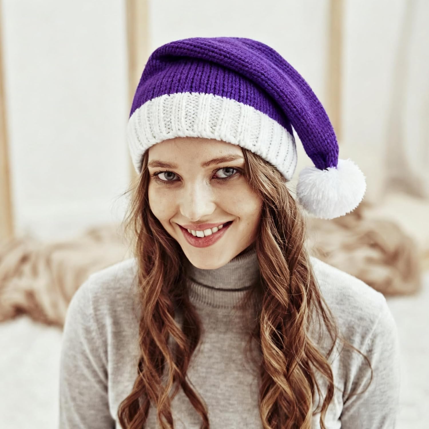 Christmas Knit Santa Hats for Women,Purple Christmas Hat Xmas Winter Warm Hats Knitted Beanie Skull Cap - Image 5