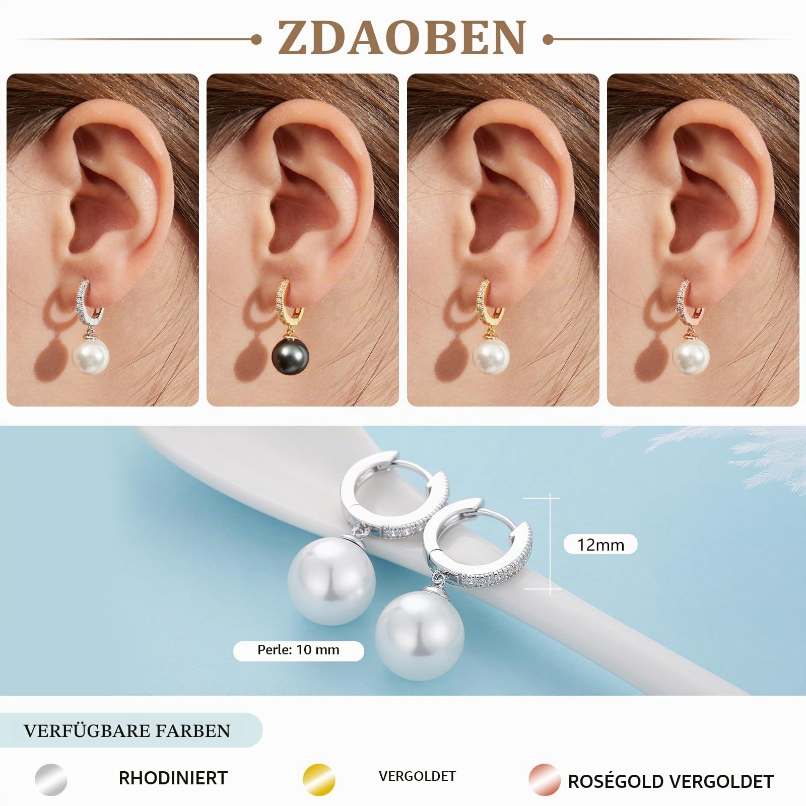 Perlenohrringe 925 Sterling Silber Perlen Creolen Huggie Ohrringe Hängend Perlen mit Zirkonia Diamanten Schmuck Geschenke für Damen Braut Hochzeit 10 mm