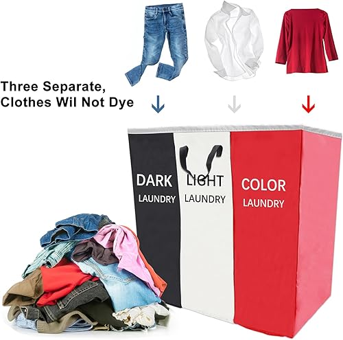 Miniatura 4 de Cesta de lavandería de 168 litros, clasificadora de canastas de almacenamiento de mantas grandes, organizador de bolsas de 3 secciones para ropa
