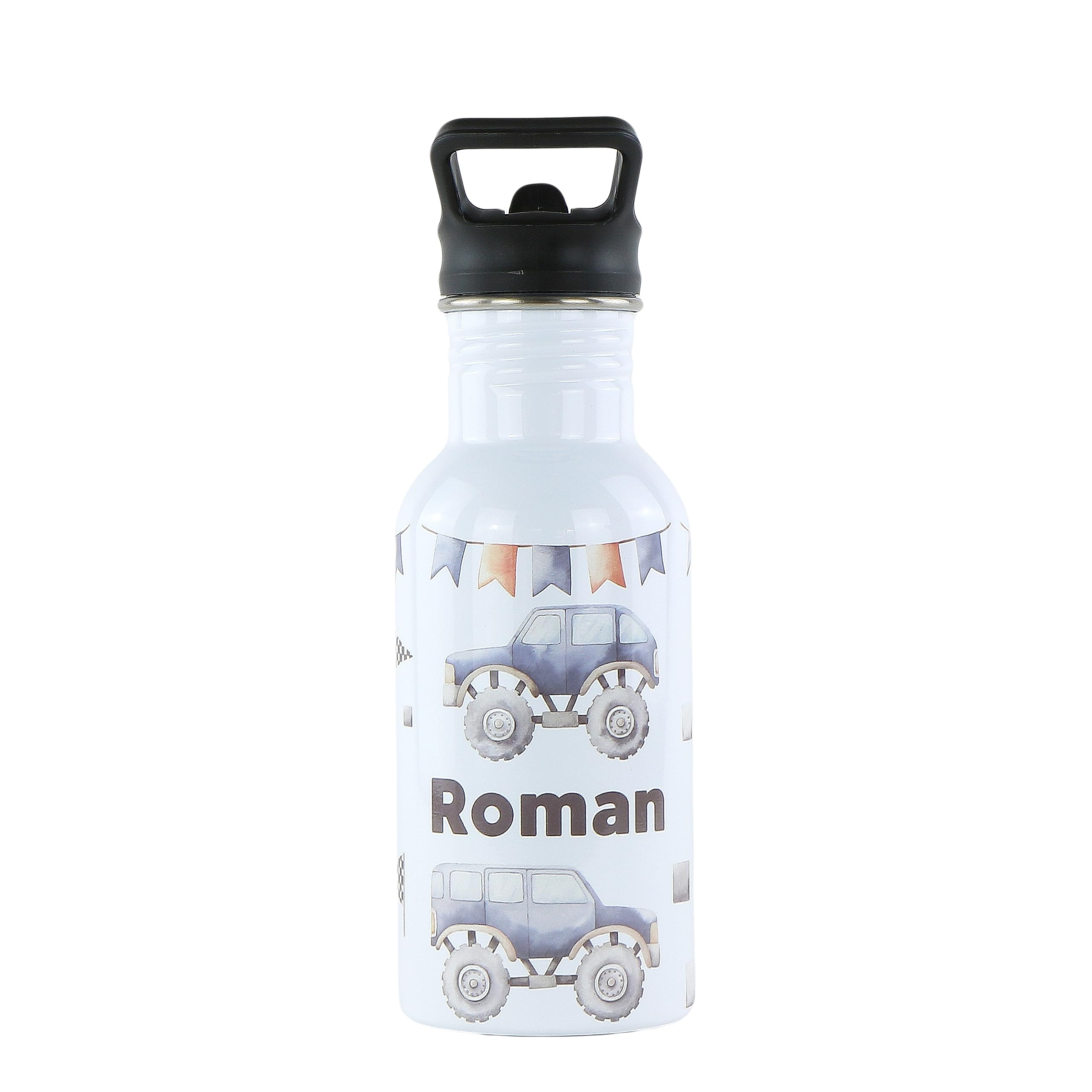 cribstar Personalised Kids Water Bottle - Stainless Steel - BPA Free - Leak Proof - Perfect for School, Sports, Holidays, Travel or anywhere. (Monster Trucks)