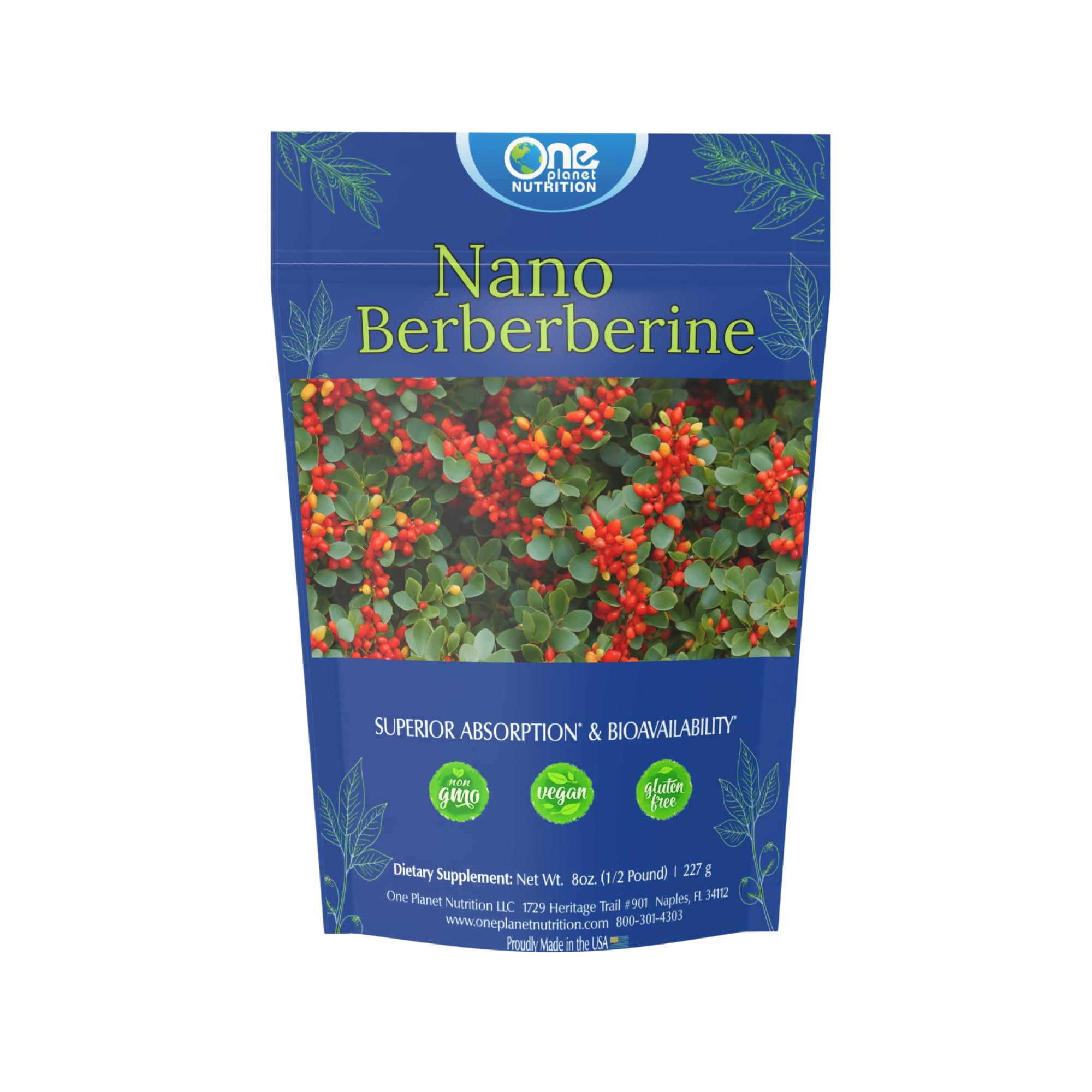 One Planet Nutrition Nano Berberine Powder 8 oz (227 Servings), Berberis Extract, Nano for Enhanced Absorption, Supports Vitality and Cellular Balance, Non-GMO, Gluten-Free