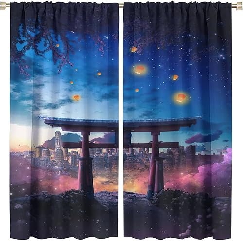 Cortinas opacas con temática japonesa para sala de estar, cortinas de noche de ciudad moderna con aislamiento térmico y reducción de ruido, 2
