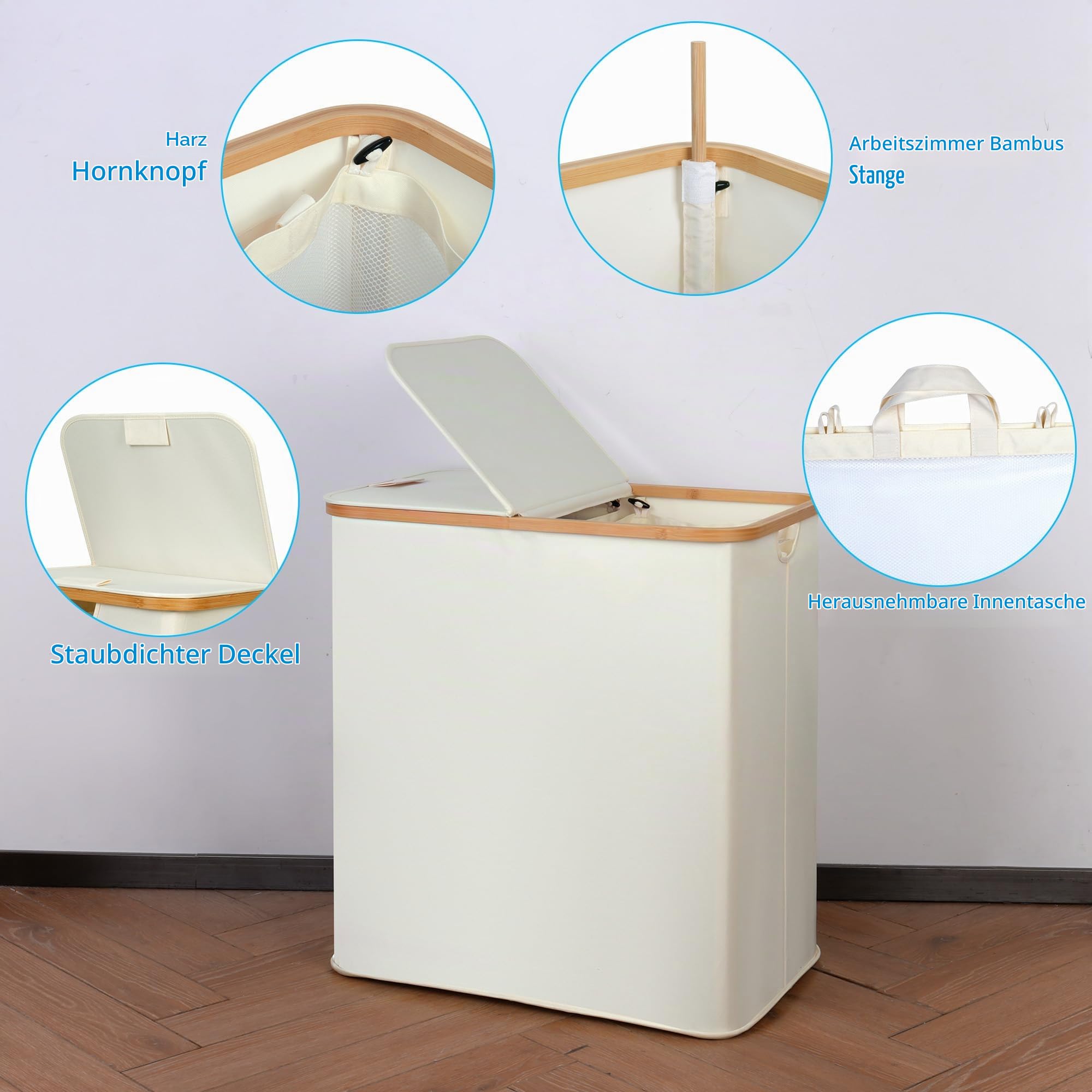 efluky 2 Fächer Wäschekorb mit Deckel, 140L Wäschesammler mit Kunststoffrahmen, faltbarer großer Wäschesortierer, Wäschebox Laundry Baskets für Schlafzimmer, Bad, Beige