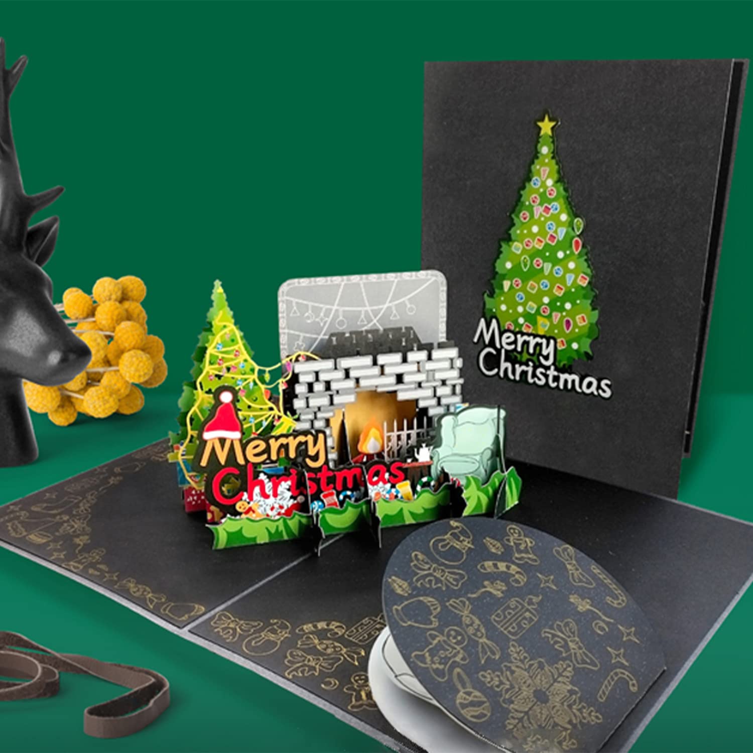 Carte De Noël Pop-up 3D - Scène Avec Père Noël, Rennes, Sapin - Inclut Enveloppe Pour Souhaits Festifs