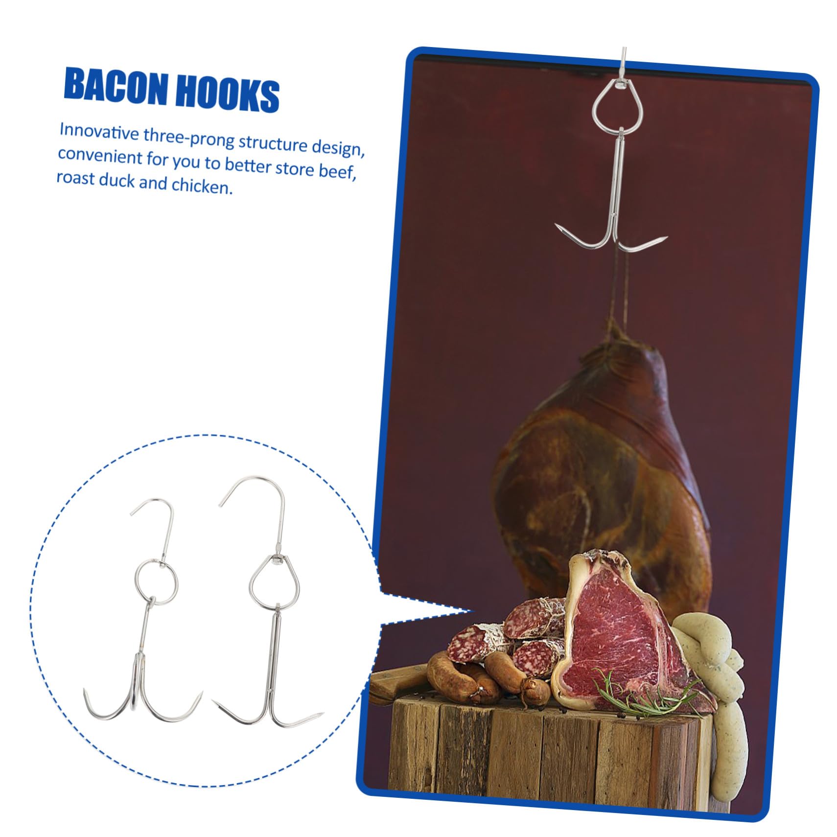 2pezzi Ganci in Acciaio Resistente Ganci Per Prosciutti e Pancetta Per Agnello Arrosto Design Due Punte Antiruggine Per Appendere e Grigliare Carne