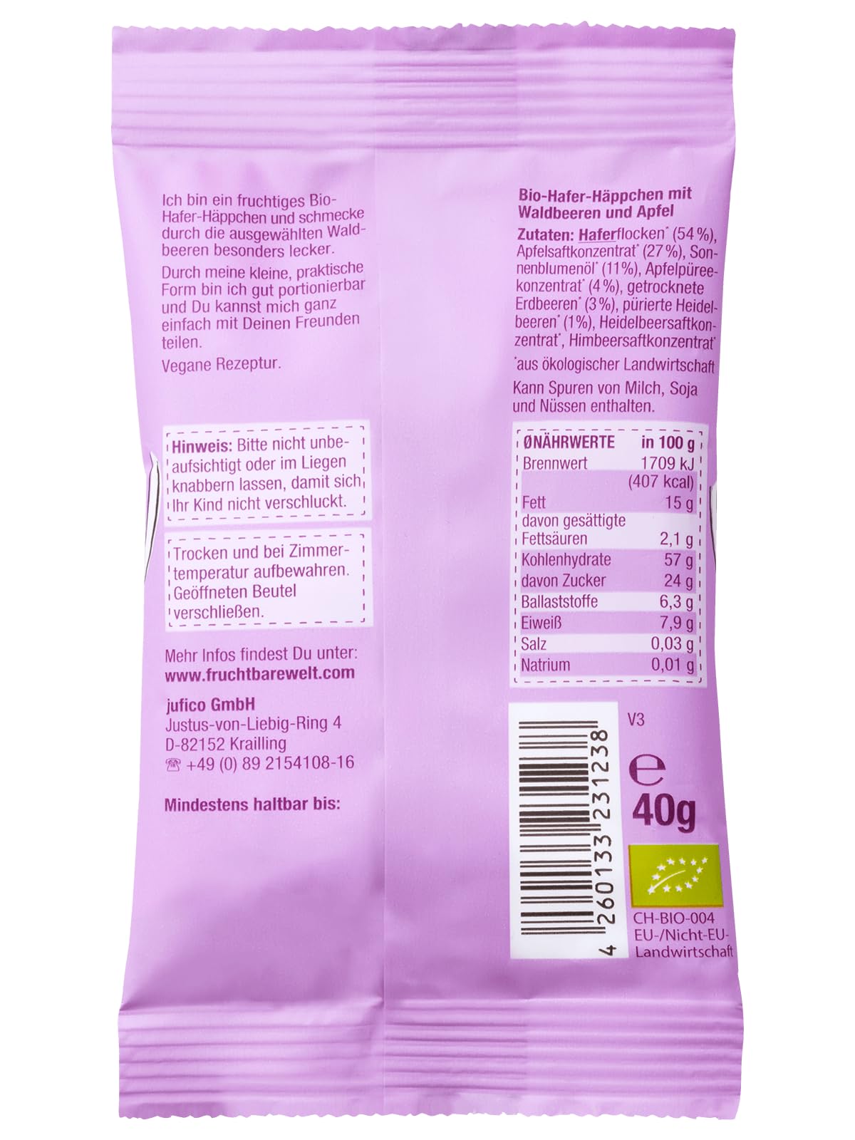 FruchtBar Bio Hafer Häppchen mit Waldbeeren, Apfel, Hafer, 30er Vorratsset, zuckerfreier Kinder-Snack, für Babys ab 12 Monaten & Kinder, 30x 40g