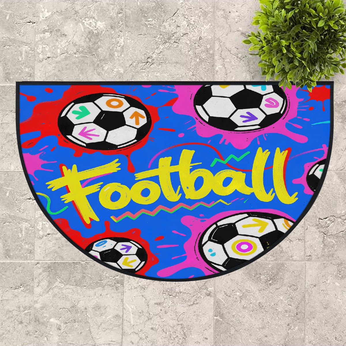 Große halbrunde Fußmatte, Bälle, Fußballtor, rutschfest, saugfähig, halbrund, Eingangsbereich, niedlich, weich, halbrund, waschbar, Teppich für Küche, Badezimmer, Schlafzimmer, 160 x 100 cm