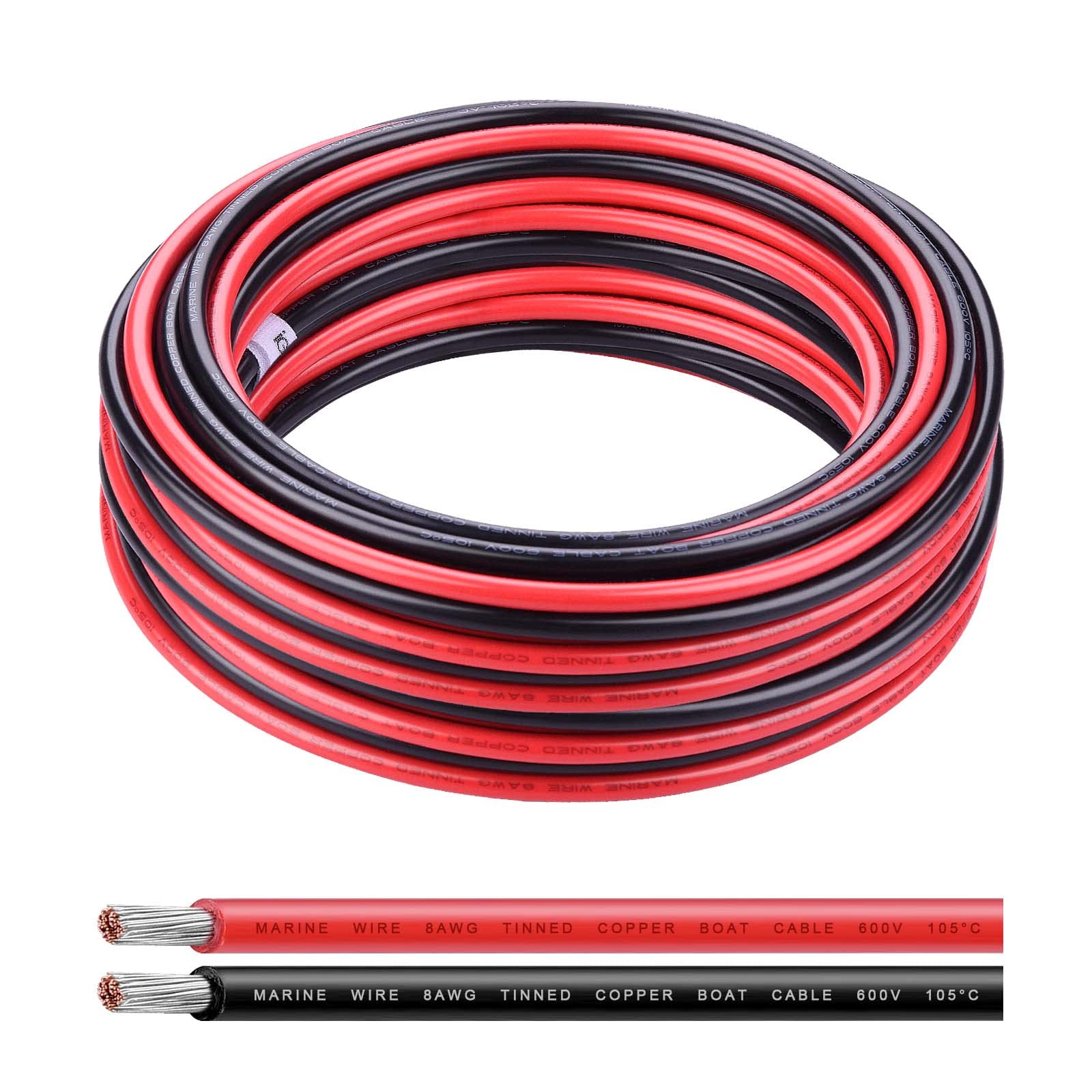 8 Gauge Wire Tinned Copper Electrical Cable, iGreely 8 AWG 2 Single Conductor Insulated Stranded Wire for Marine Solar Panel Car Auto Speaker,Low