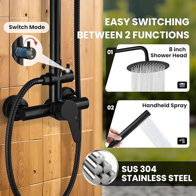 Kit de ducha exterior acero inoxidable 304 negro mate 8 pulg miniatura 4