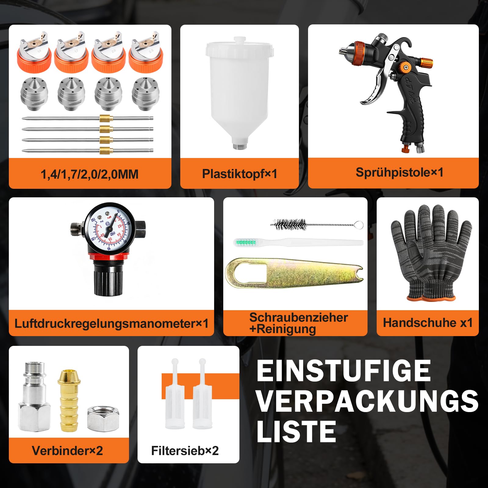 Professionelles HVLP Lackierpistole Set (Fließbecher) mit 1,4/1,7/2,0/2,5 mm Düsen, 600ML Fassungsvermögen und Manometer–Ideal für Autolacke/Grundierungen/Klarlacke/Decklacke (orange/schwarz)