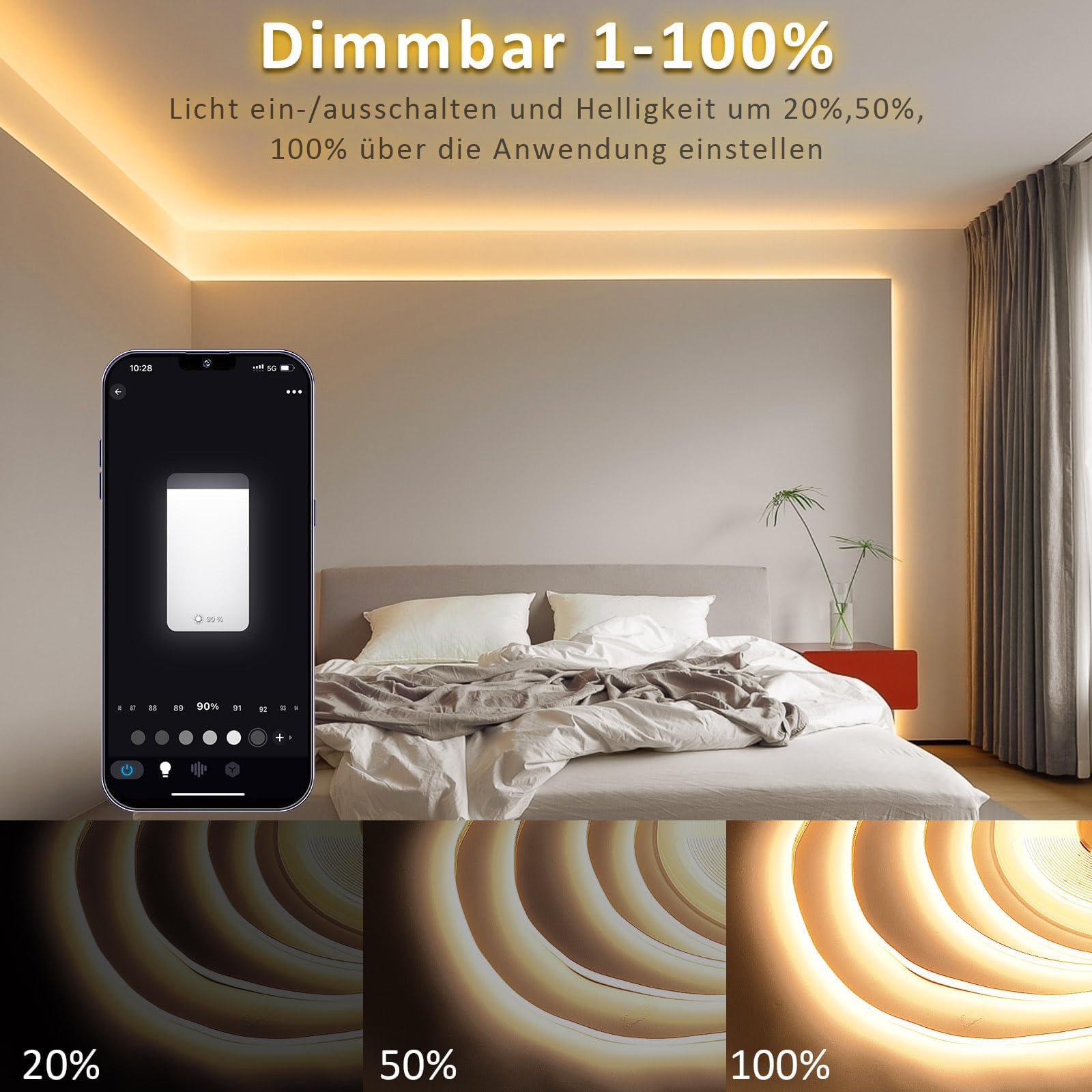 15M Wi-Fi LED Streifen COB - Warmweiss | 24V Mit Fernbedienung, Dimmbar, Timing Funktion, Musik-Sync, Dekoration für Küchenschränke, Feiertage