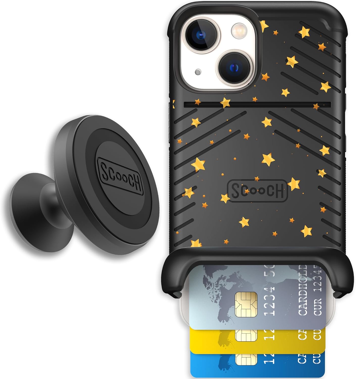 Scooch for iPhone 13 Mini Case with Card Holder, Wingmate Wallet Case with Hidden Card Slot and RFID Protection, Starter Bundle with Wingmount, Gold Stars