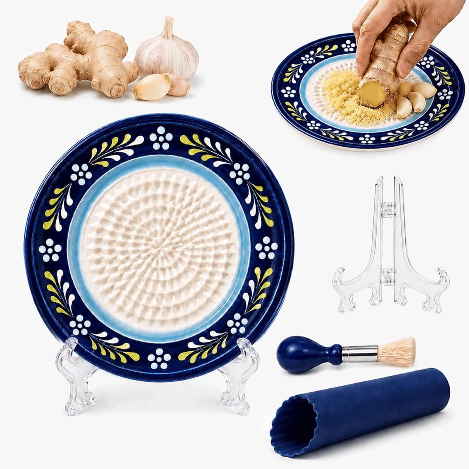 Ceramic Garlic Grater Plate, 4-Piece Set 4.5inches Garlic Grater Dish, Double Navy Blue Circle Design with Flower, Grating Dish for Garlics Ginger Kitchen Tool with Peeler, Brush, Stand