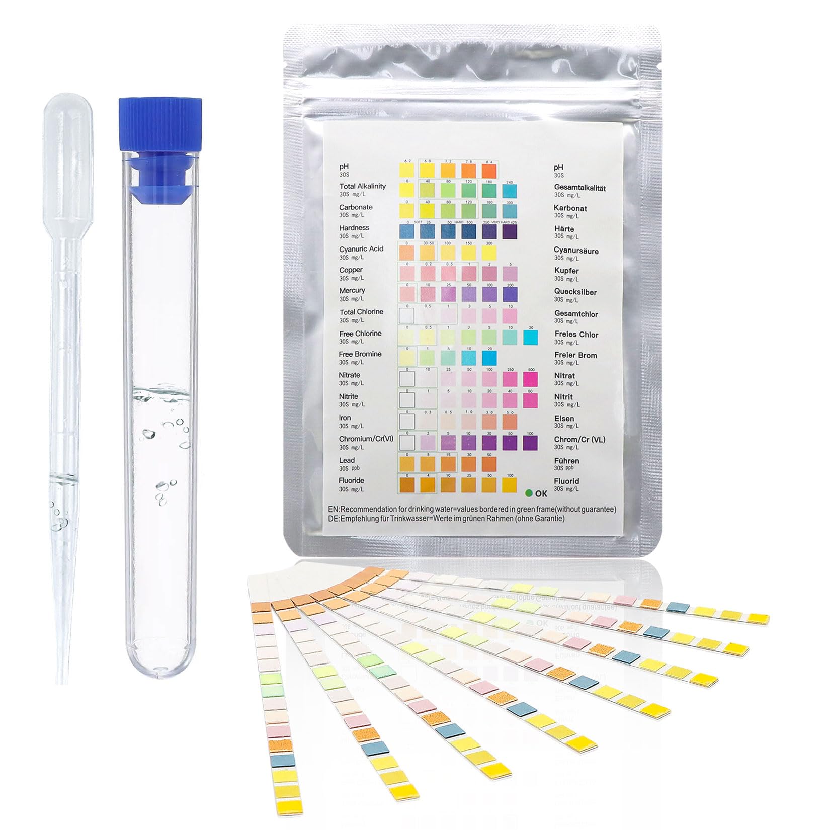 Tester wody pitnej 16 w 1, 50 sztuk pasków testowych do wody pitnej z rurkami testowymi, paski testowe do wody wodociągowej, basenu, spa, do łatwego sprawdzenia, twardości wody, pH chloru