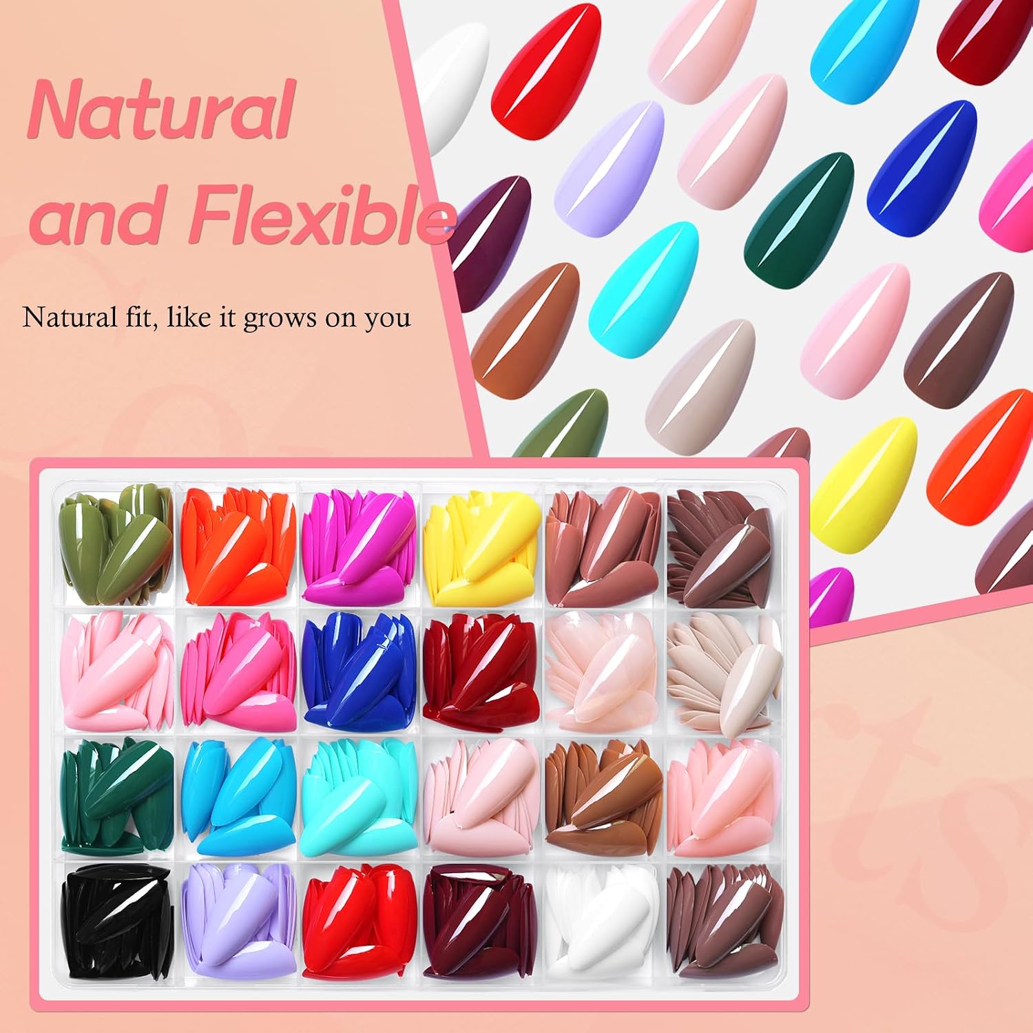 576pc Almond Press on Nails Medium Stiletto Fake Nails Press ons Acrylic Nail Press Nail Almond Glue Nails for Women, 24 Color Stick Nail Tip Artificial Fingernail Presson Nail with Glue&Tab