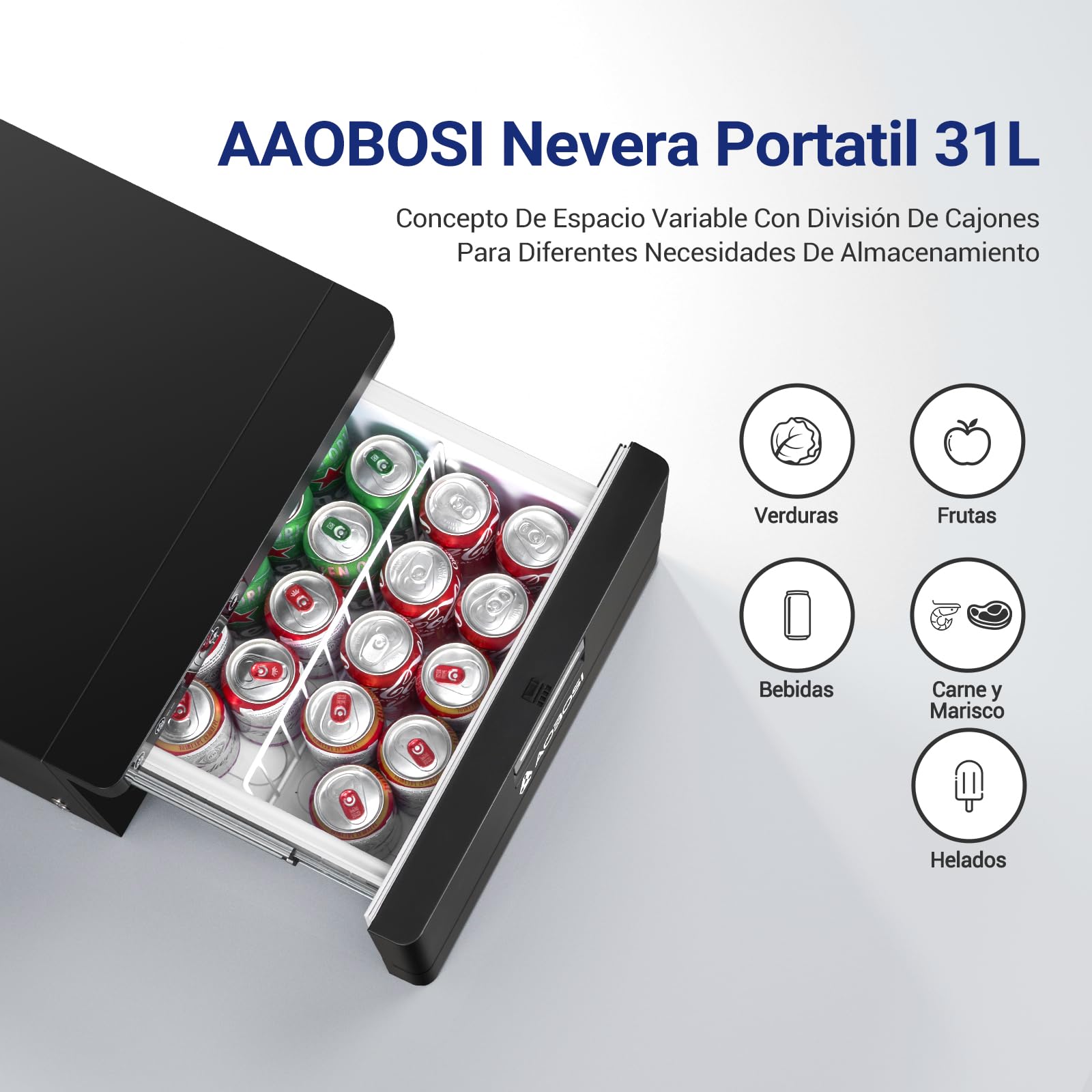 AAOBOSI Nevera Portatil 31L, Refrigerador Tipo Cajón con APP, Nevera Para Caravanas 20°C a -20°C, 12/24V DC, Para Coches, Camiones, Todoterrenos, Caravanas, Barcos, Camping y Viaje