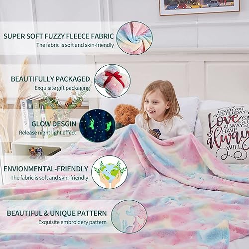 Miniatura 5 de Manta que brilla en la oscuridad, diseño de hadas, estrellas y unicornios manta de vellón de color gris claro, mágica, suave y luminosa, para niñas,