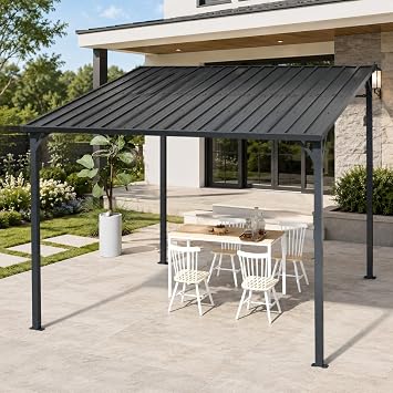 8 x 10 Lean to Gazebo, Outdoor Metal Gazebo with Sloping Galvanized Steel Roof, Large Hardtop Wall Mounted Pergola/BBQ Gazebo for Outdoor barbecues and Family Gatherings 8 * 10 ft