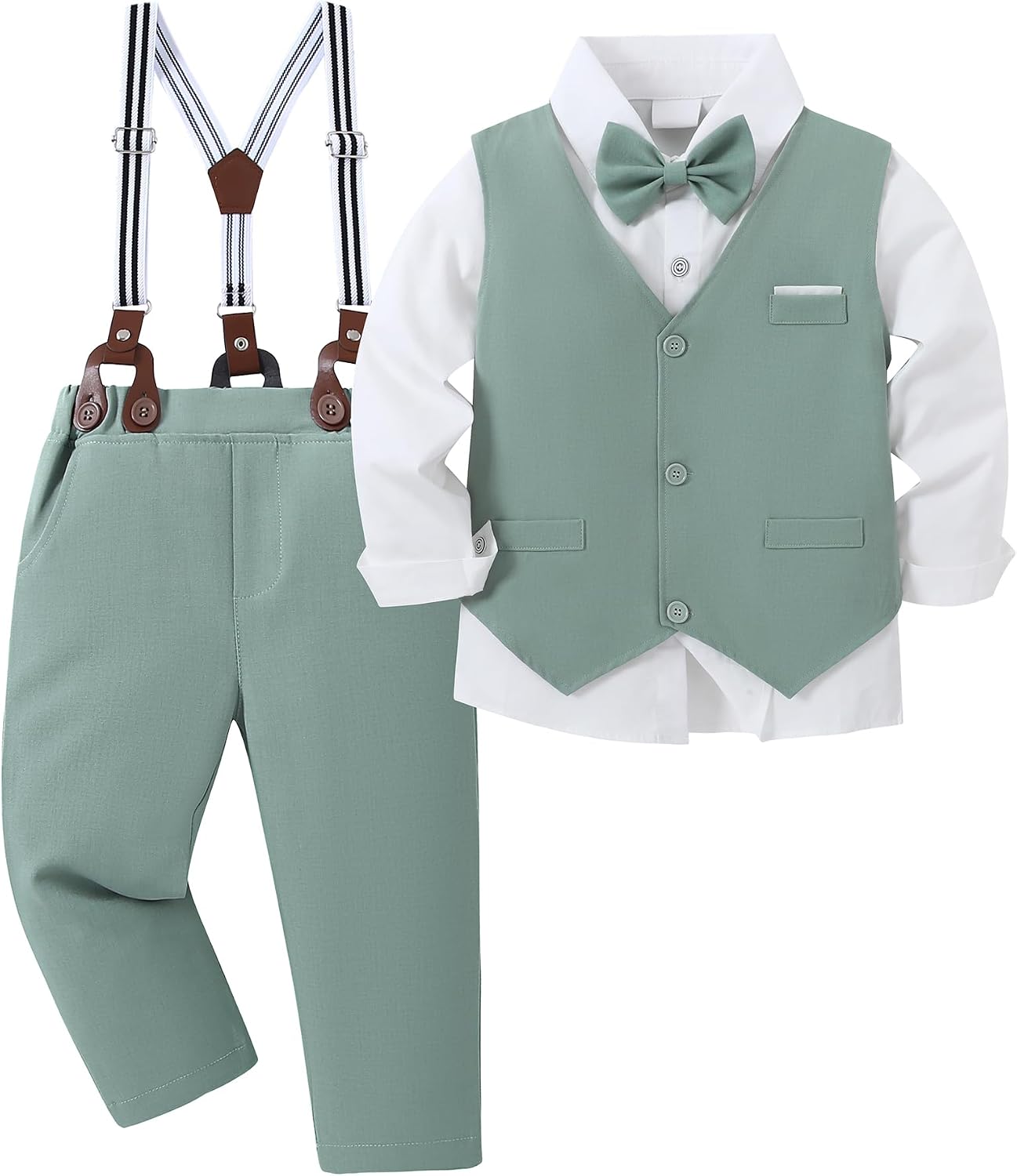 ZOEREA Boys Formal Suit Kid Clothes Gentleman Wedding Prom Outfit Long Sleeves Shirt+Bowtie+Vest+Suspender Pants 6-10T
