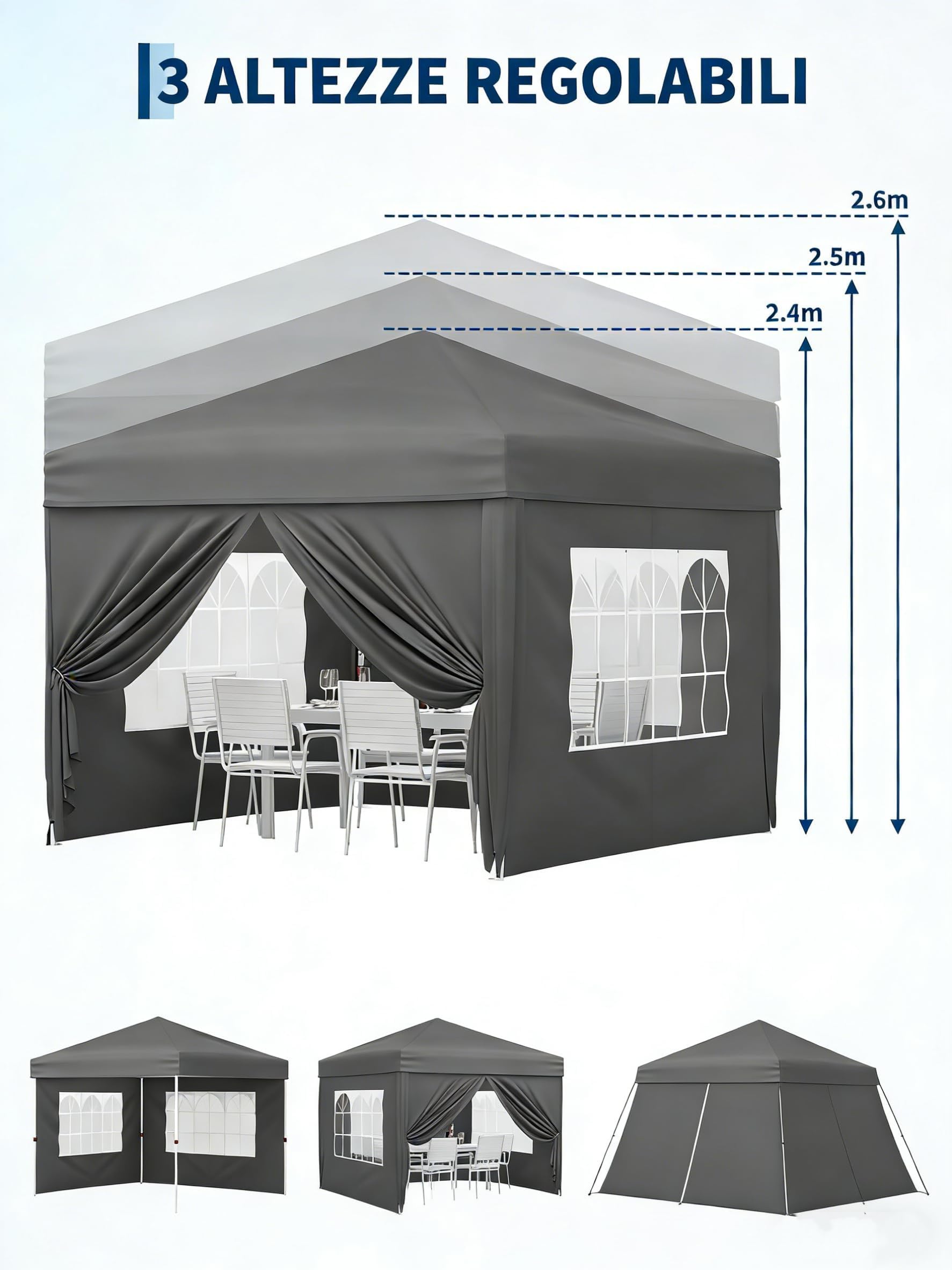 Gravee Tonnelle Pliante 3x3 m – Tente Pop-Up Robuste pour Jardin, Imperméable et Anti-UV avec Parois Latérales et Sac de Transport (Gris, 3x3m)