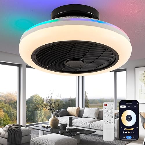 Ventilador de techo de perfil bajo de 17.7 pulgadas con luz, ventiladores de techo LED RGB regulables, moderna luz ambiental LED-RGB sin aspas para