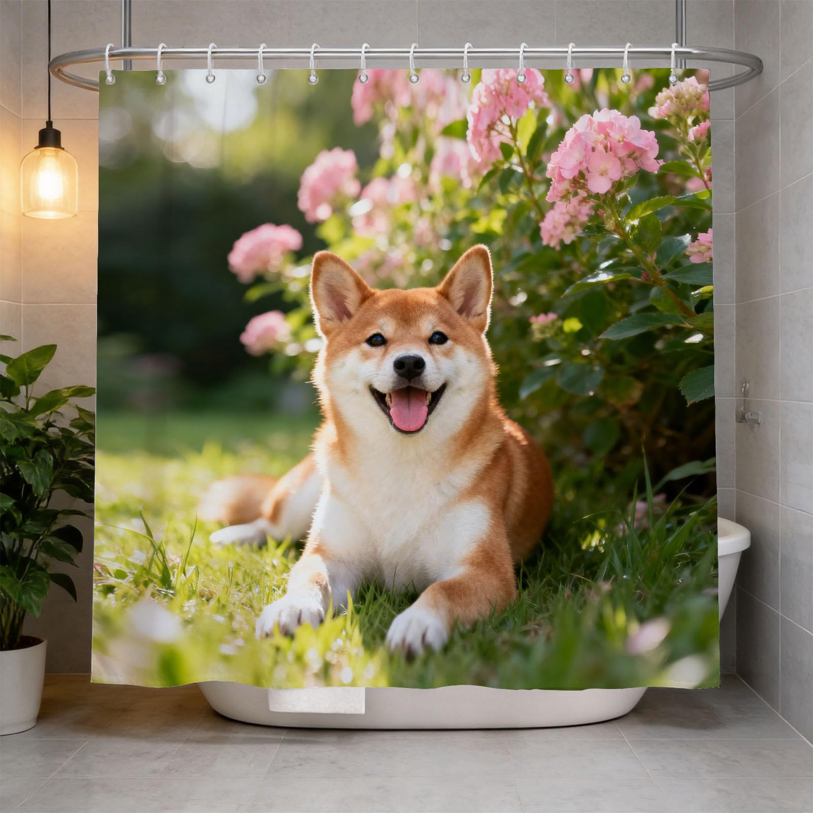 Hongduo 3D Shiba Inu Shower Curtain for Stalls Bathtubs Floral Bathroom Decor Shower Curtain Set Polyester Fabric Waterproof 180x200cm/71X79 Inch with Hooks