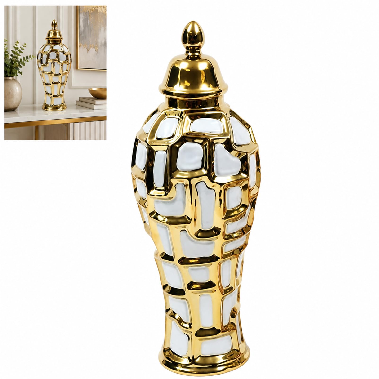 Ceramic Ginger Jar Vase With Lid, Porcelain Temple Jars Centerpiece Floral (yellow,16 * 41cm)