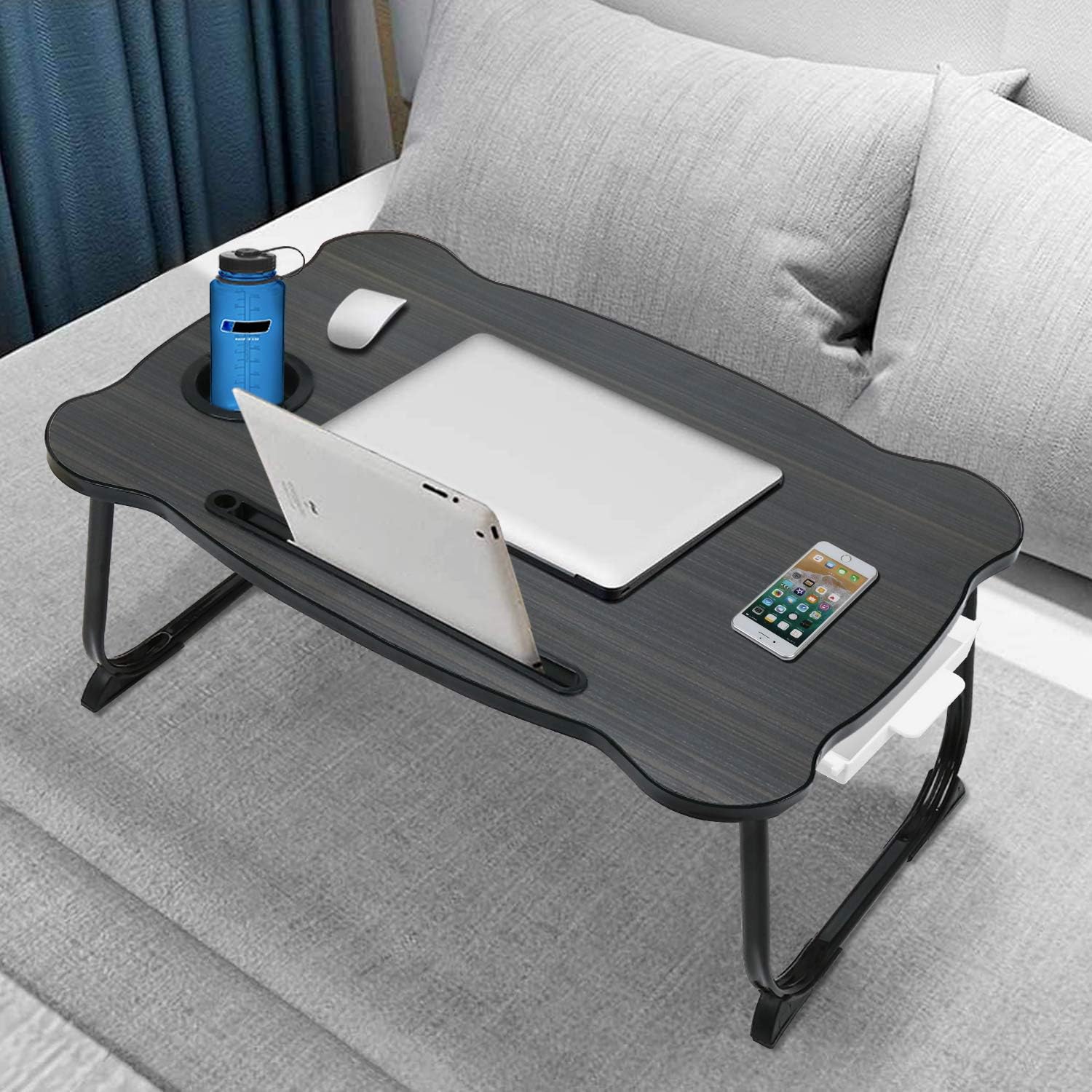 Best Review Zapuno Foldable Laptop Bed Table Lap Table Tray with Storage Drawer and Cup Holder, Lap Desk Laptop Stand Dining Table for Eating, Studying, Working on Bed/Couch/Sofa