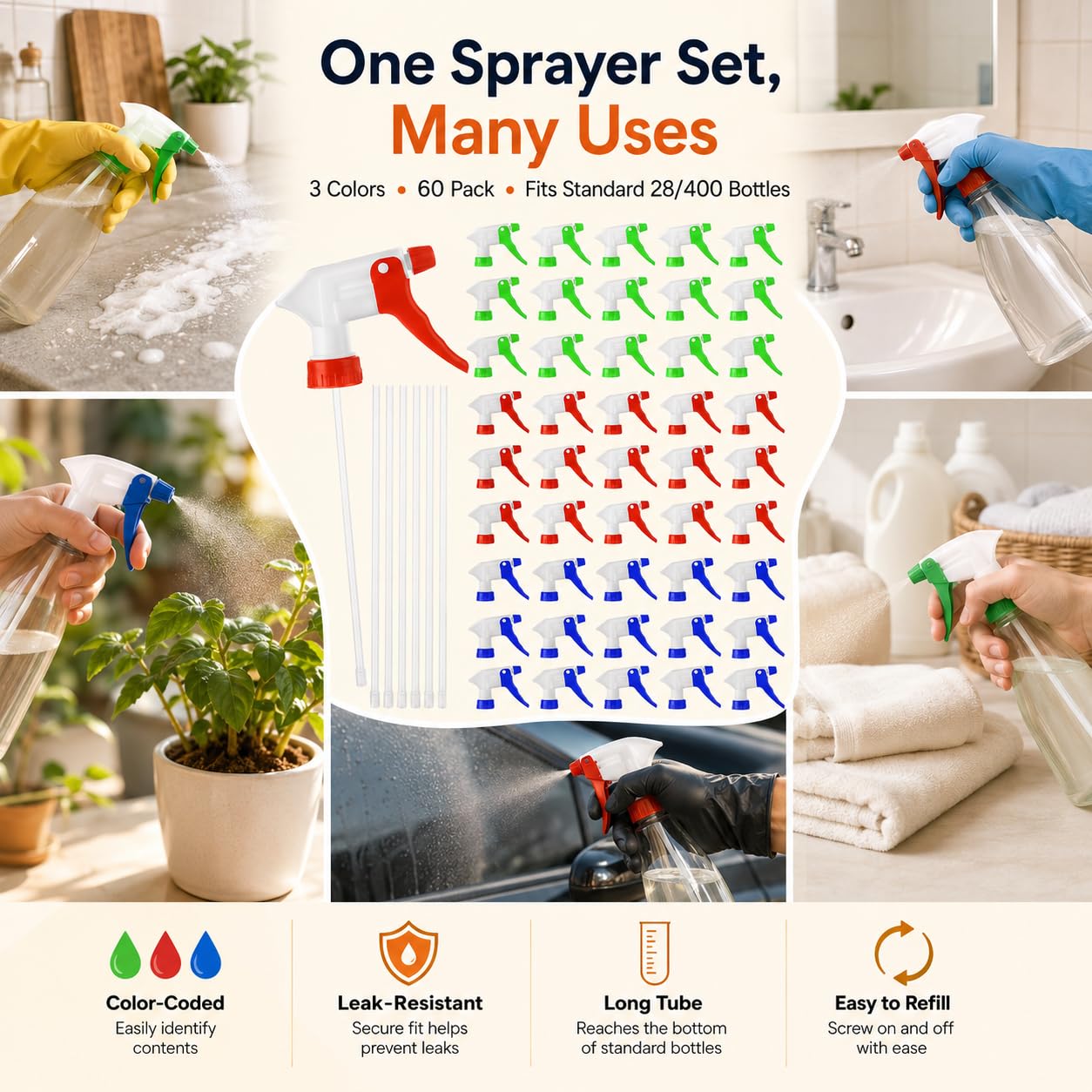 Sprühdüsen für Flaschen, 3 Farben, 28/400 Sprühflasche, Ersatz mit Röhren und Filtersieben für Reinigung, Salon, Garten, Nachfüllpackungen, 60 Stück