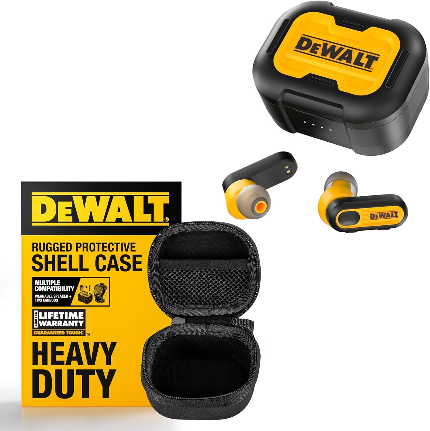 DEWALT True Wireless Earbuds with Charging Case & Heavy Duty Protective Headphones Case, Bluetooth Headphones with 30Hr Battery, Smart Sensor, Water-Resistant, for Jobsite & Outdoor Use