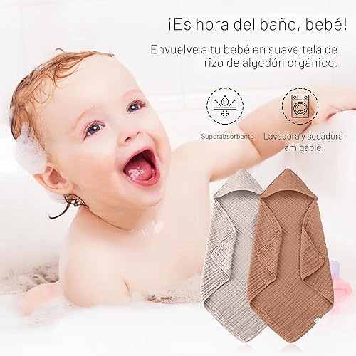 Miniatura 3 de SWEET DOLPHIN - Paquete de 2 toallas de baño de muselina con capucha, 100% algodón, para bebés y niños pequeños, 32 x 32 pulgadas, altamente
