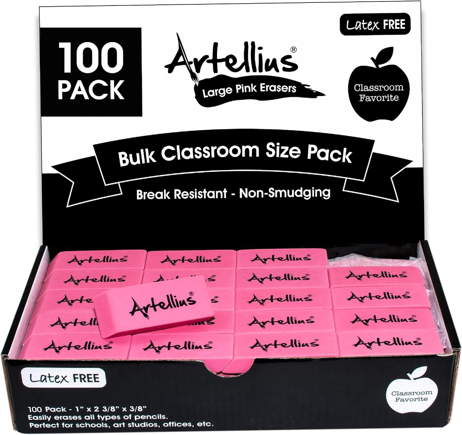 Artellius Large Pink Latex-Free Rubber Erasers Pack of 100