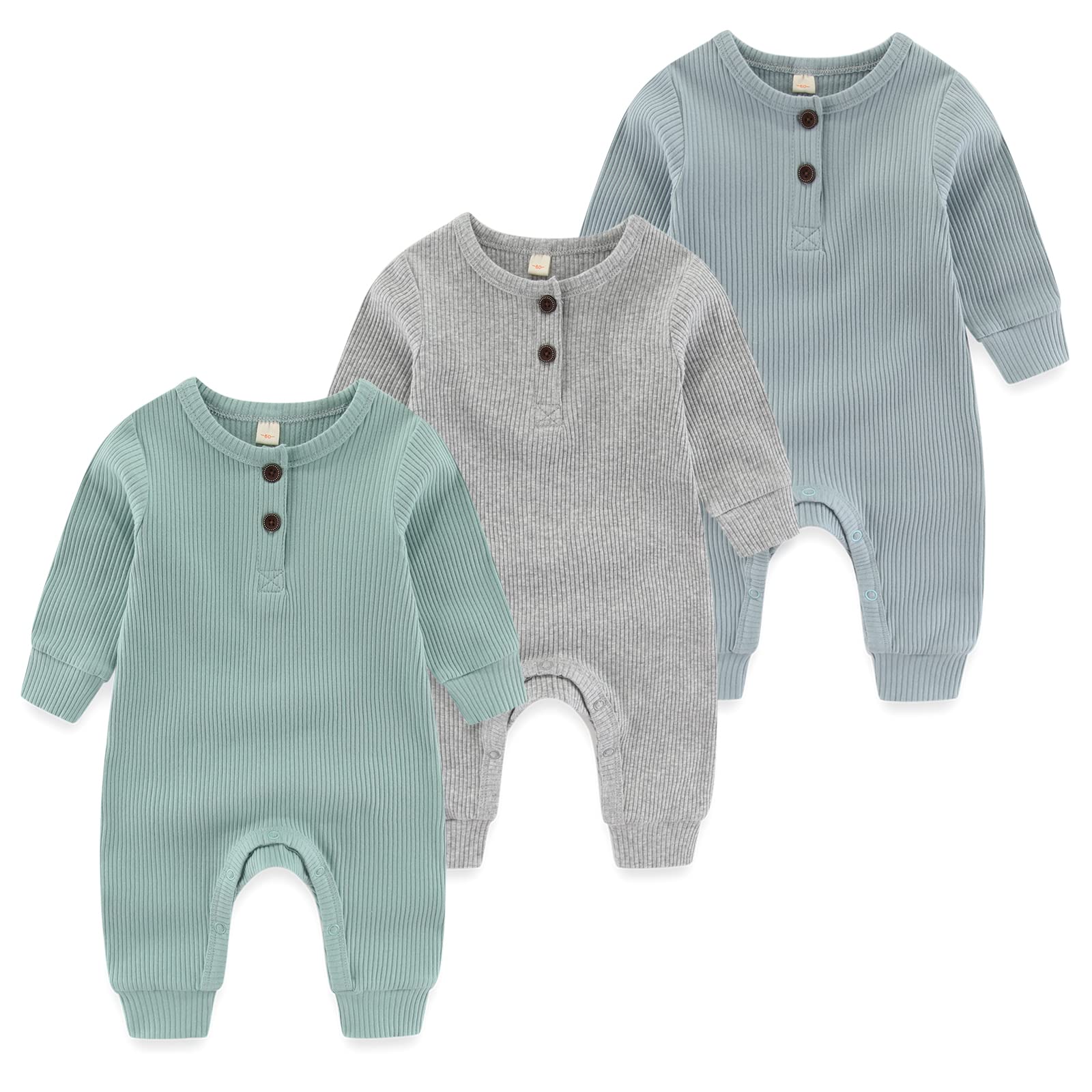 MAMIMAKA Mameluco de algodón para recién nacido, sin pies, pijama para bebés de 0 a 18 meses, paquete de 3